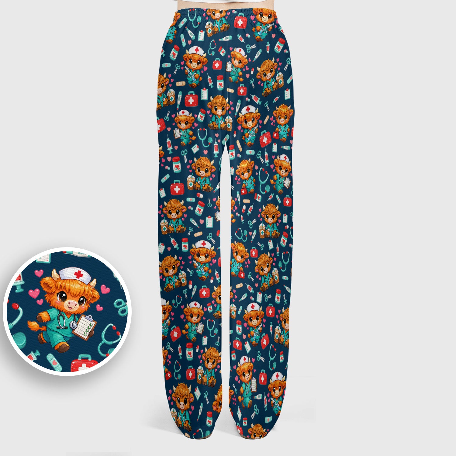 Cute Highland Cow Nurse Scrub Set, Kawaii Medical Pattern Shirt, Breathable Fabrics Nursing Uniform