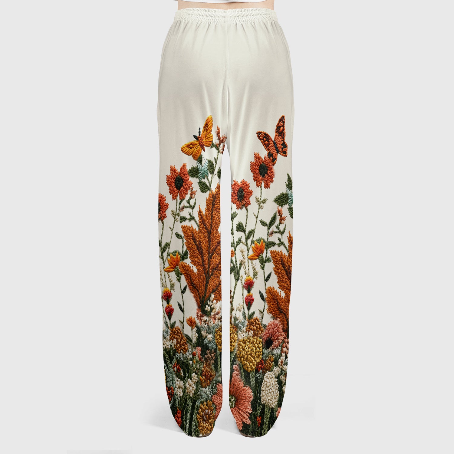 Embroidered Orange Cat Wildflower Pattern Scrub Set, Scrub Pants and V Neck Top