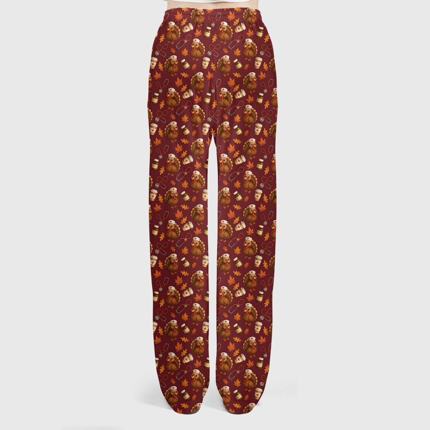Turkey Pattern Thanksgiving Scrub Set - Fall Leaves and Nurse Tools Print Scrubs - Fun Autumn Medical Pants and Top Gift for RN CNA LPN
