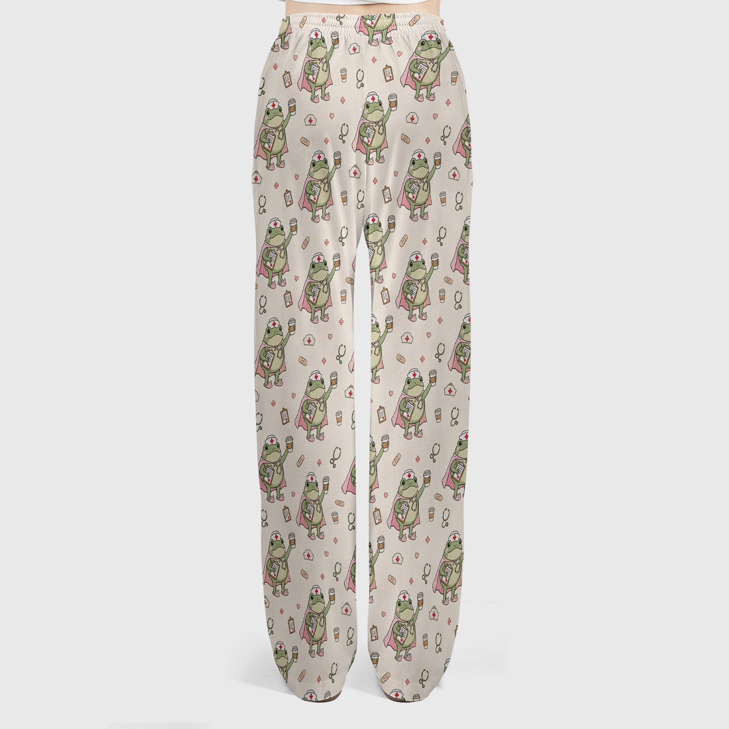 Cute Super Nurse Frog Pattern Scrub Set, Scrub Pants and V Neck Top
