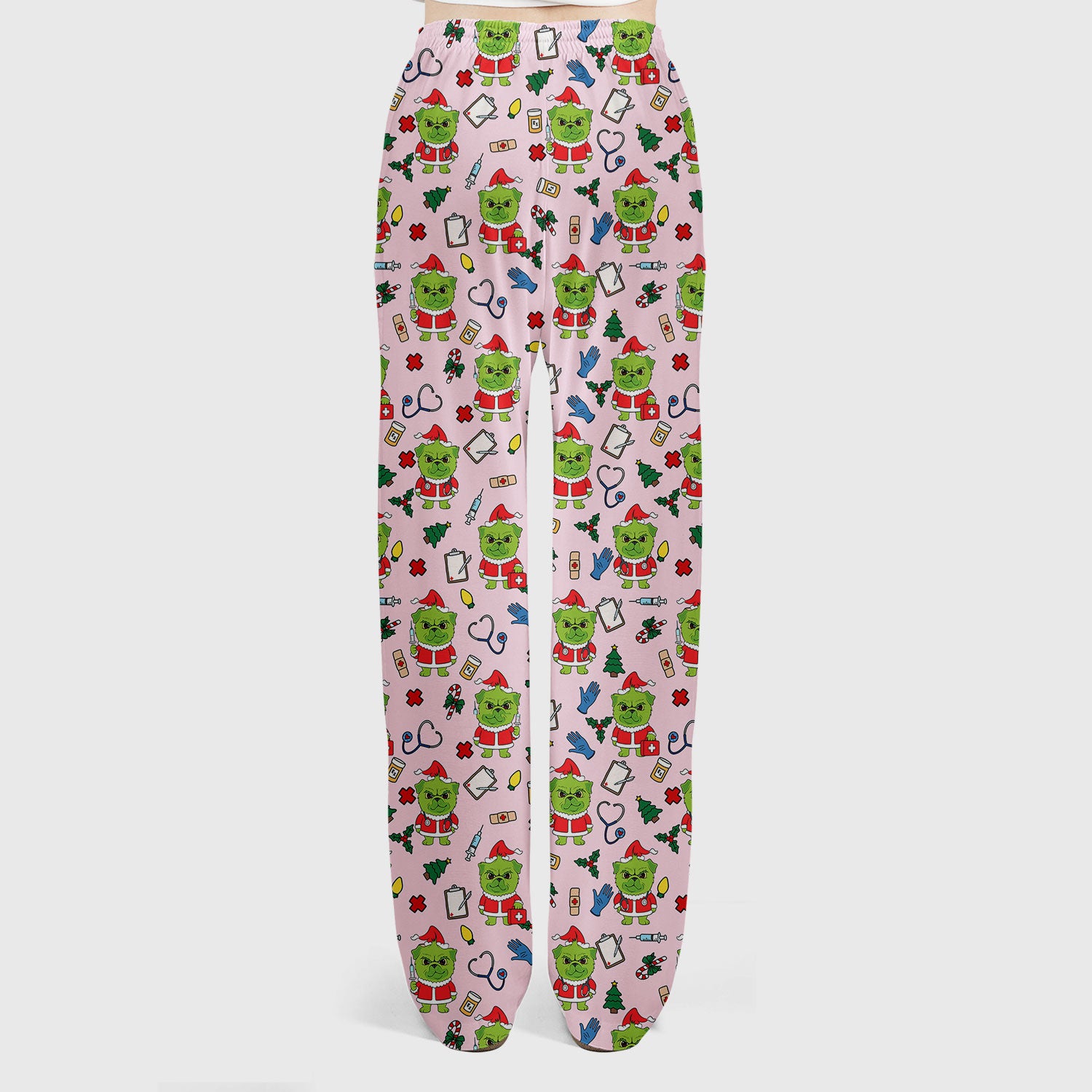 Funny Nurse Christmas Scrubs Set - Grumpy Dog Pattern with Medical Tools - Festive Holiday Scrub Top and Pants for Women