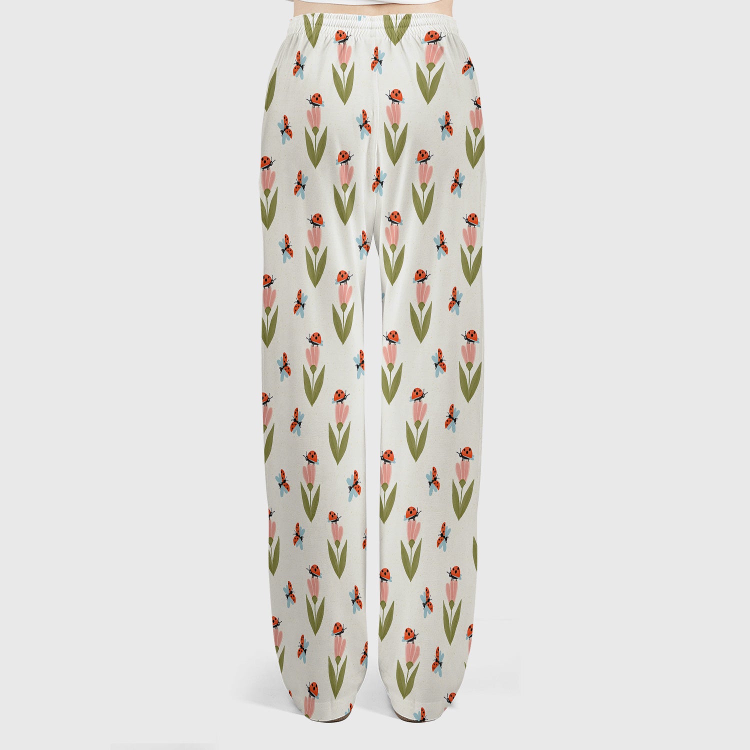 Cute Ladybug Tulip Floral Pattern Scrub Set, Scrub Pants and V Neck Top