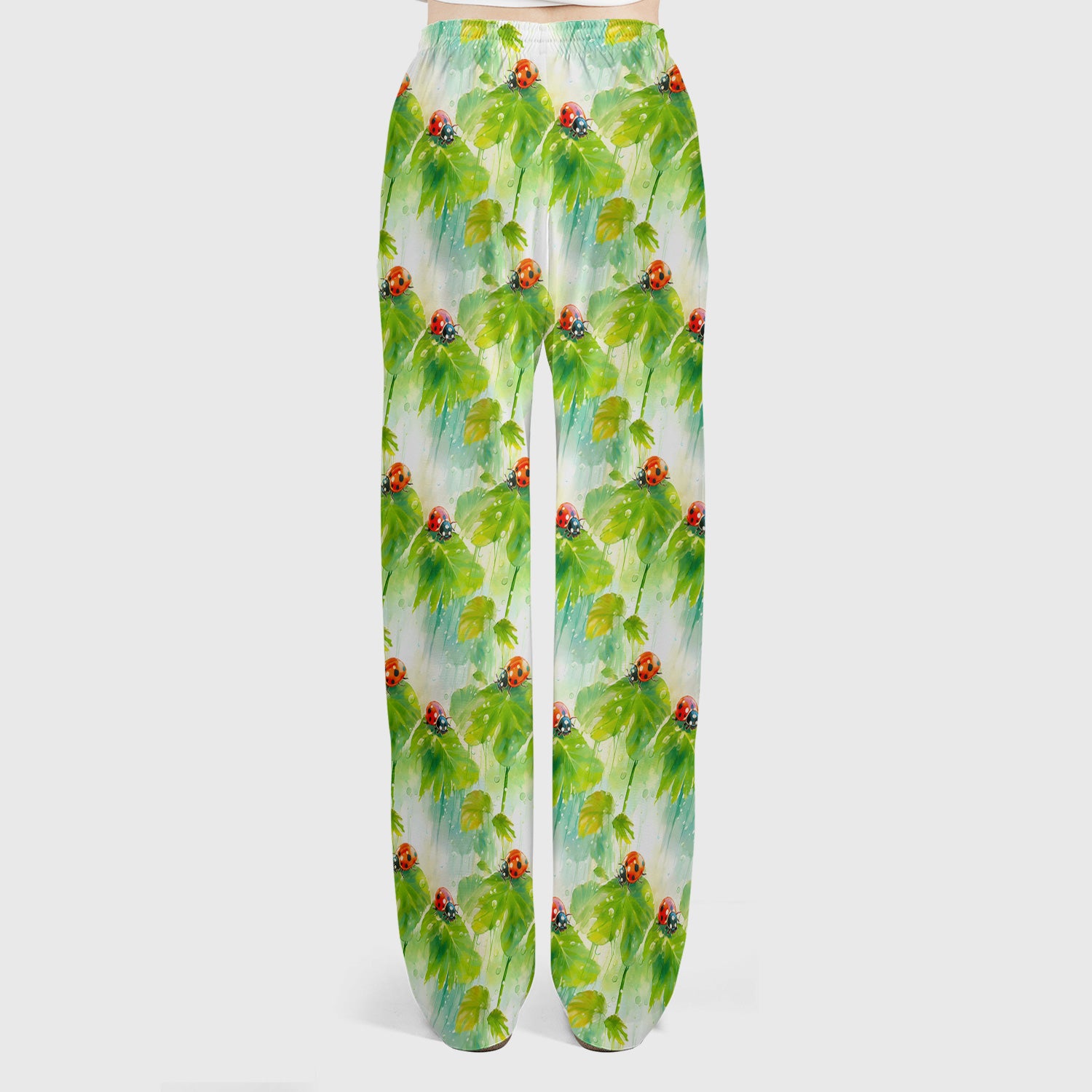 Ladybugs On Rainy Leaves Pattern Scrub Set, Scrub Pants and V Neck Top