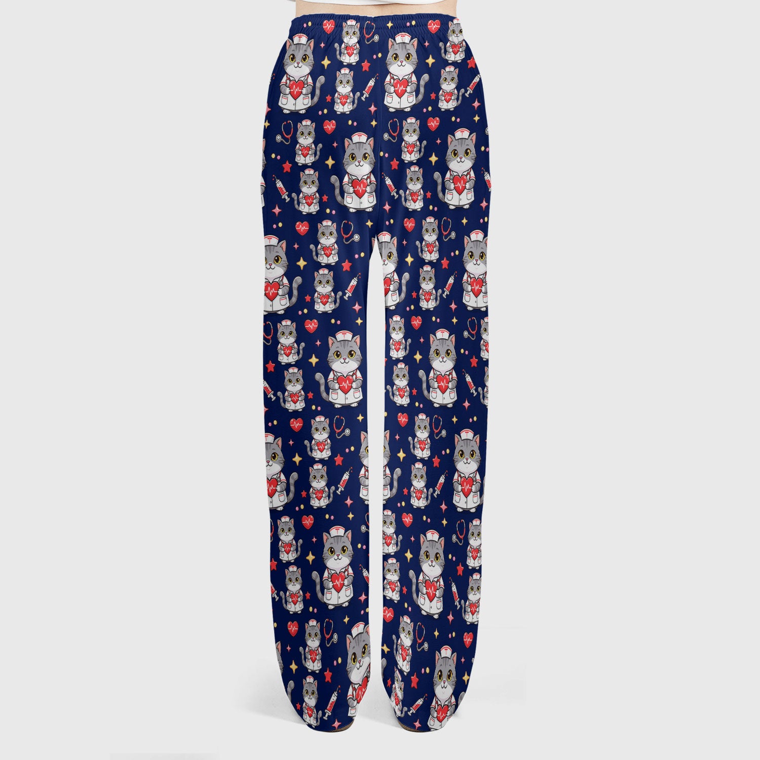 Cute Nurse Cat Heart Medical Print Scrub Set, Scrub Pants and V Neck Top