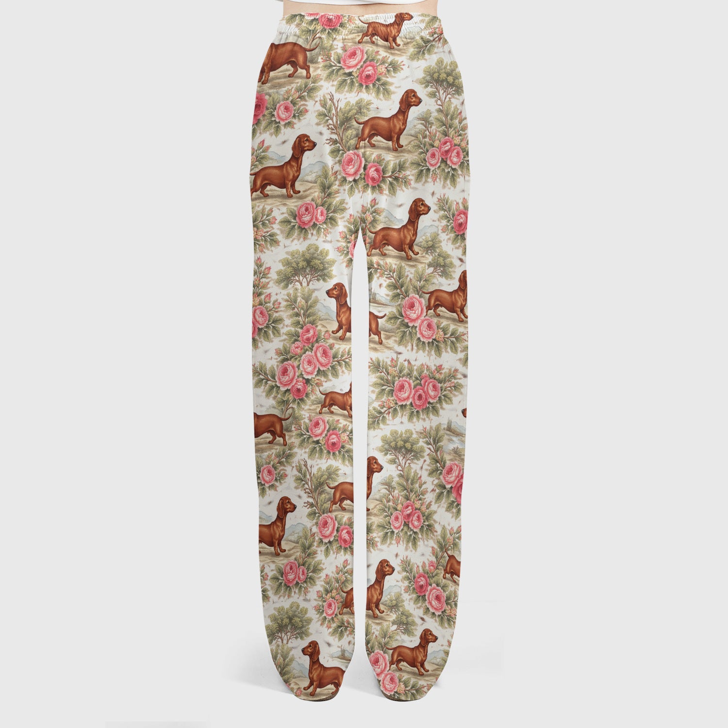 Vintage Dachshund Rose Floral Pattern Scrub Set, Scrub Pants and V Neck Top