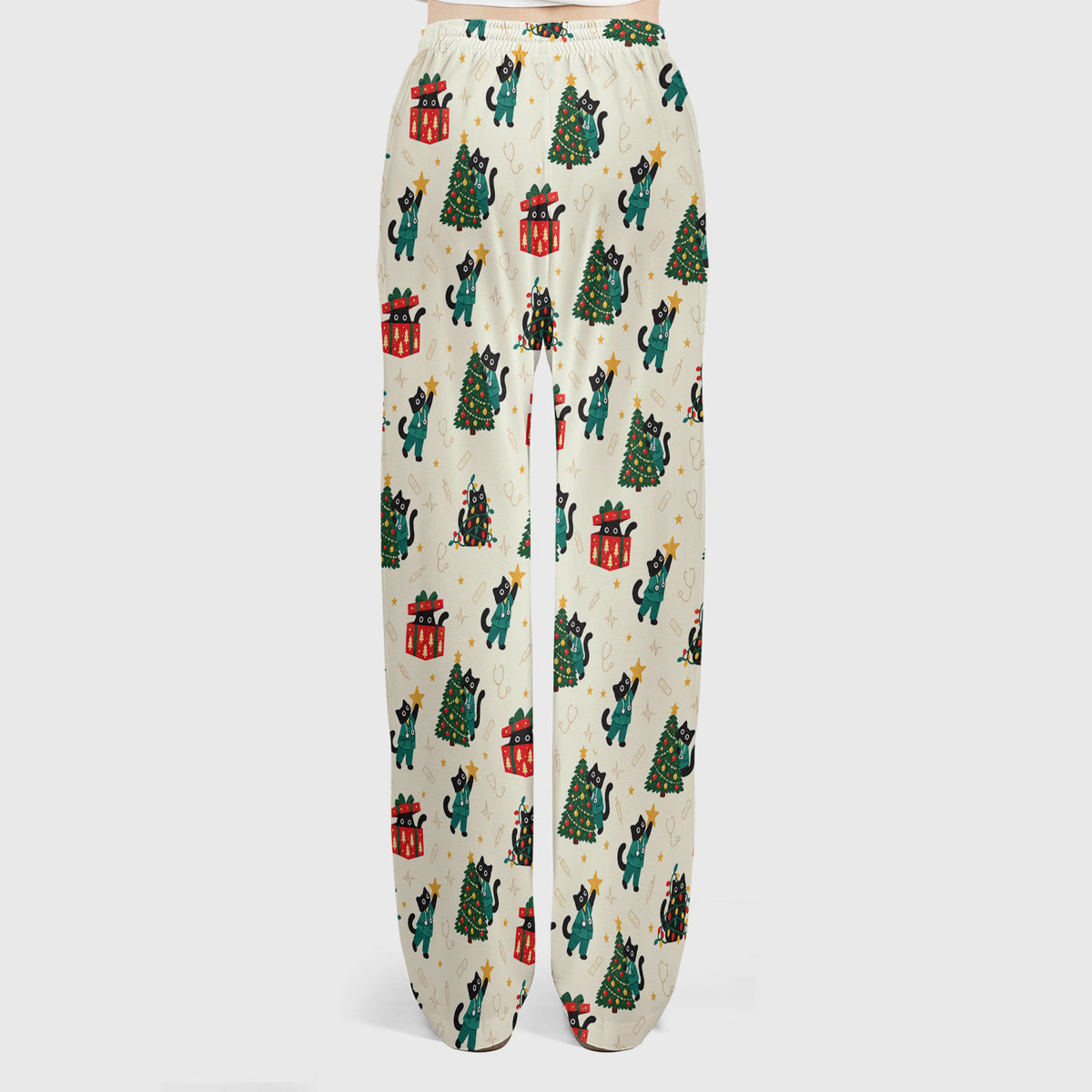 Christmas Black Nurse Cats And Trees Scrub Set, Scrub Pants and V Neck Top