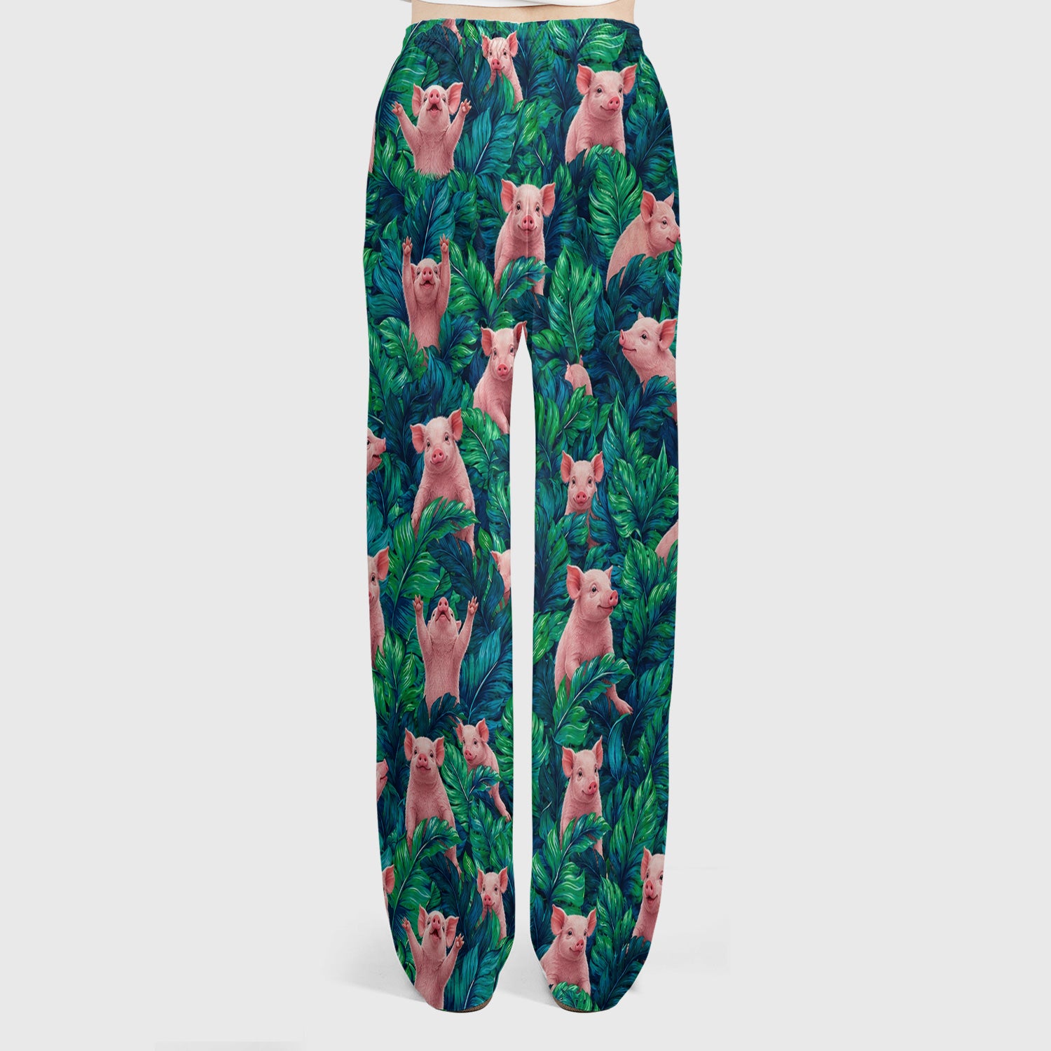 Cute Piglet Jungle Leaves Pattern Scrub Set, Scrub Pants and V Neck Top