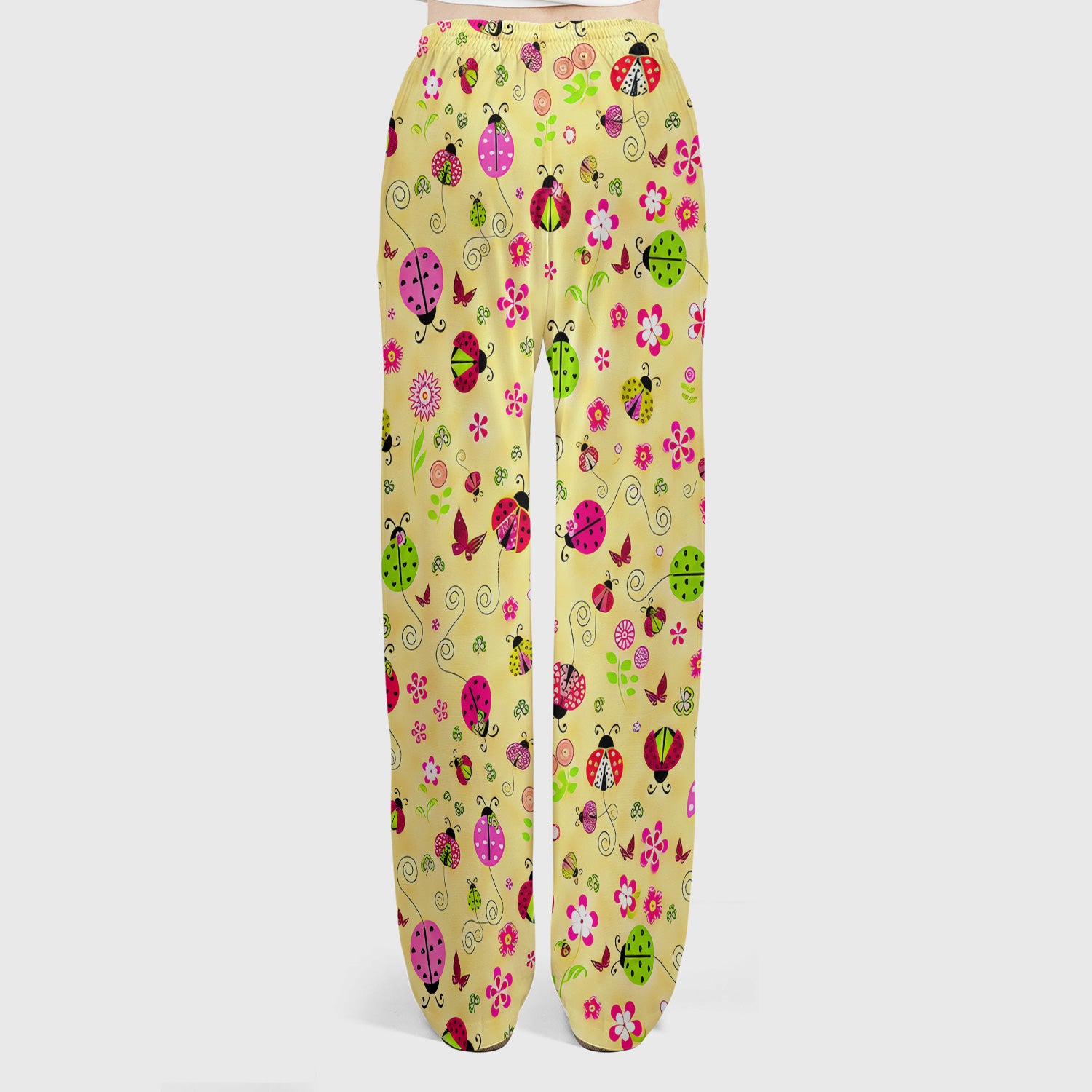 Yellow Ladybug Floral Garden Pattern Scrub Set, Scrub Pants and V Neck Top