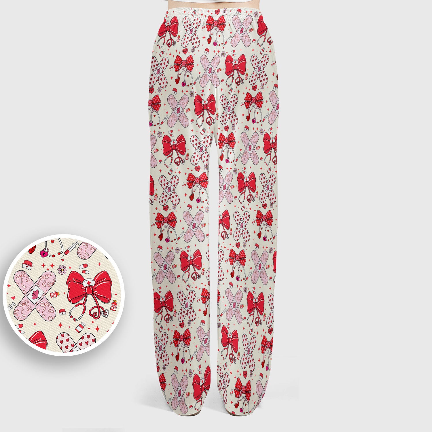 Valentine Nurse Scrub Set, Red Bow And Heart Bandage Pattern Medical Shirt, Breathable Fabrics Nursing Uniform