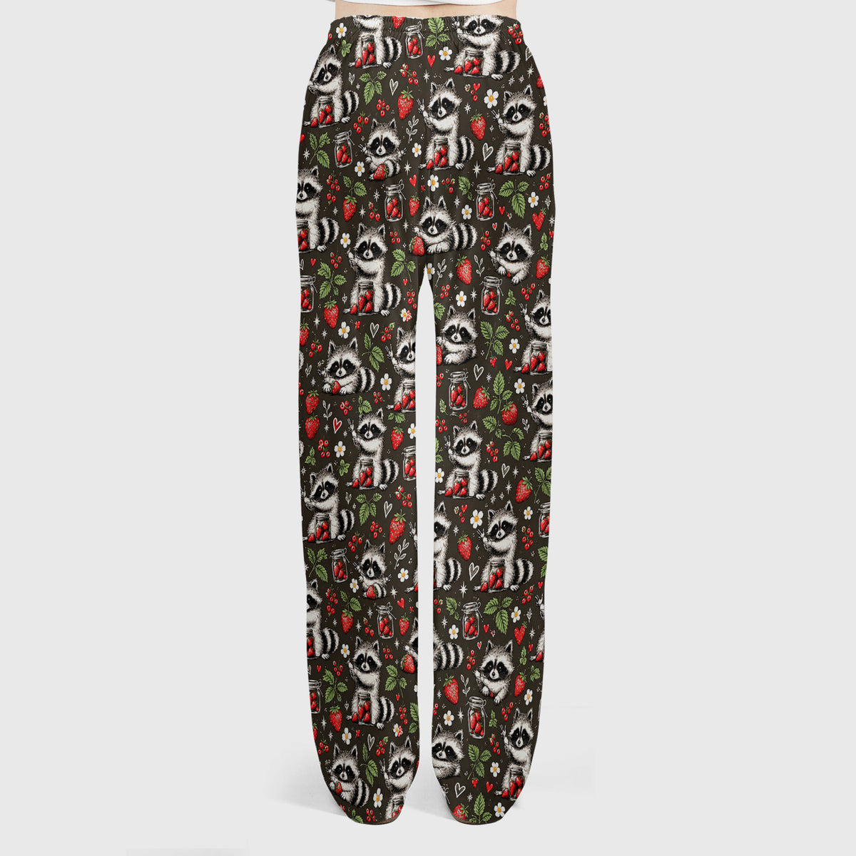Cute Raccoons And Strawberries Pattern Scrub Set, Scrub Pants and V Neck Top
