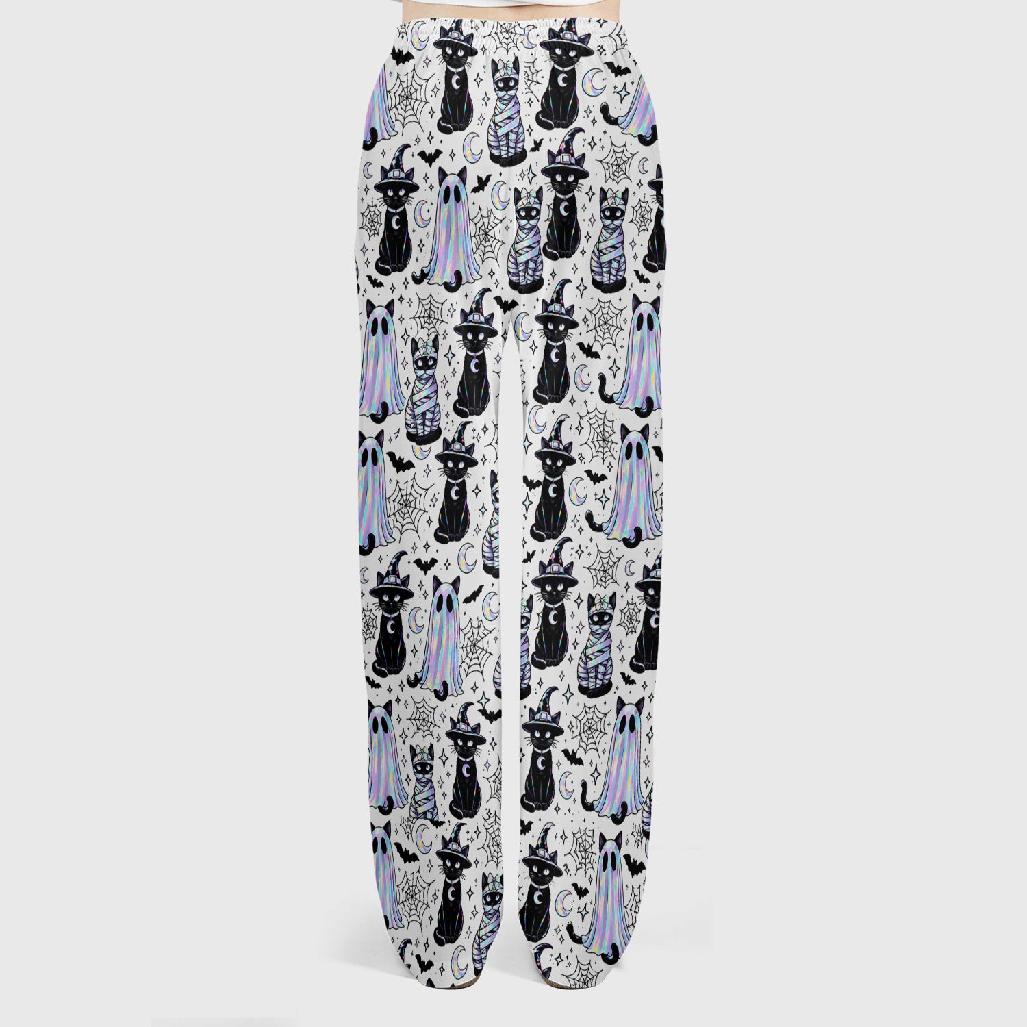 Ghost Witch Cat Pattern Scrub Set, Scrub Pants and V Neck Top