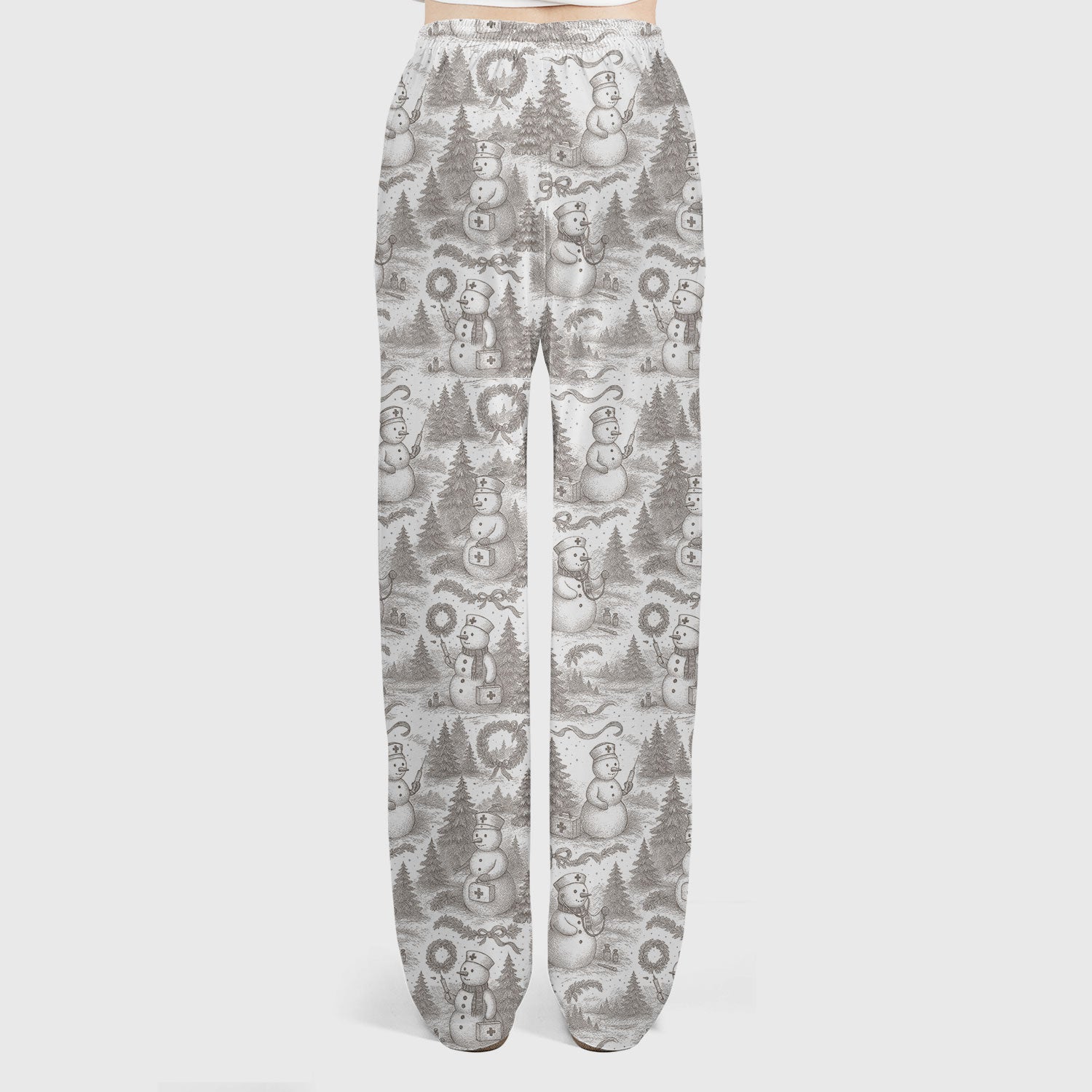 Toile de Jouy Christmas Scrubs Set – Elegant Snowman and Nurse Pattern – Classic Holiday Scrub Top and Pants for Women