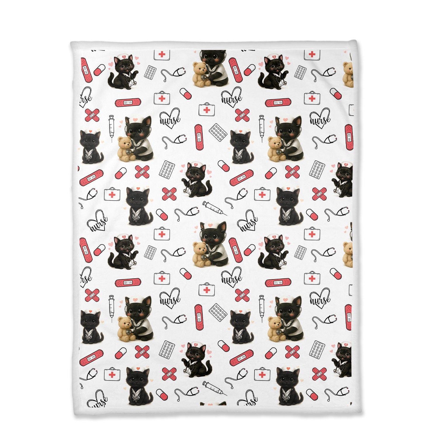 Cute Nurse Blanket with Black Cat Pattern - Funny RN CNA LPN Throw - Gift for Cat Lover Healthcare