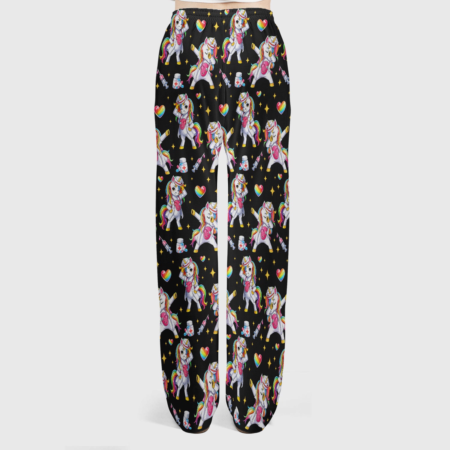 Playful Nurse Unicorn Rainbow Pattern Scrub Set, Breathable Med Uniform