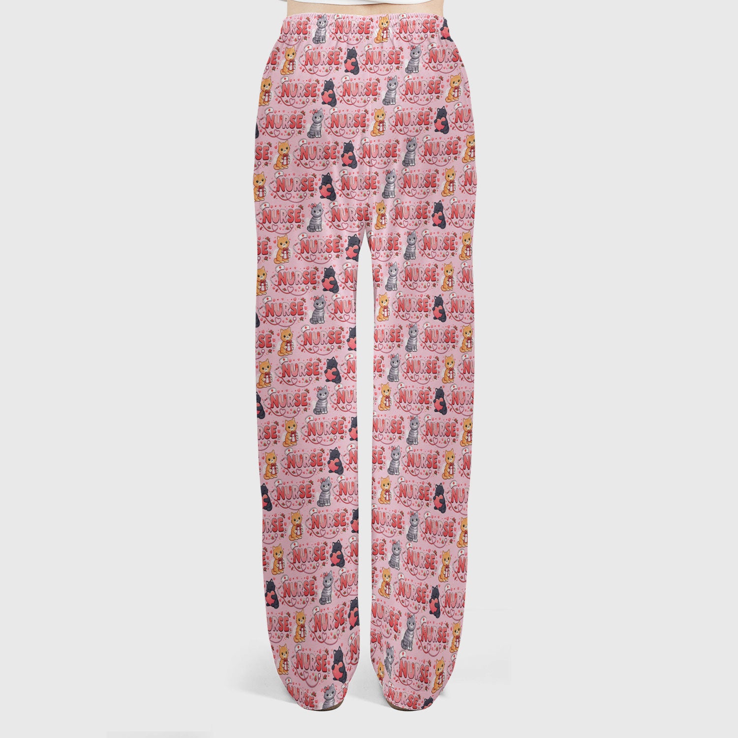 Nurse Cat Heart Pattern Valentine Scrub Set, Women's Scrub Sets V Neck Top