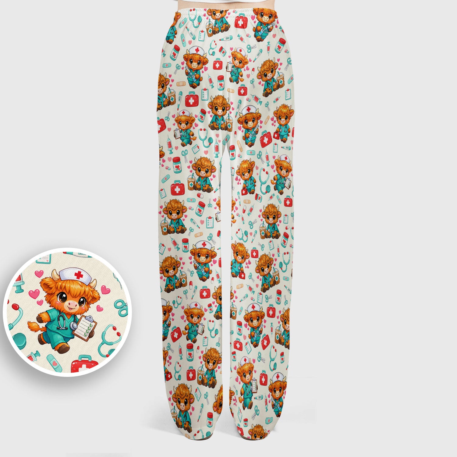 Cute Highland Cow Nurse Scrub Set, Kawaii Medical Pattern Shirt, Breathable Fabrics Nursing Uniform