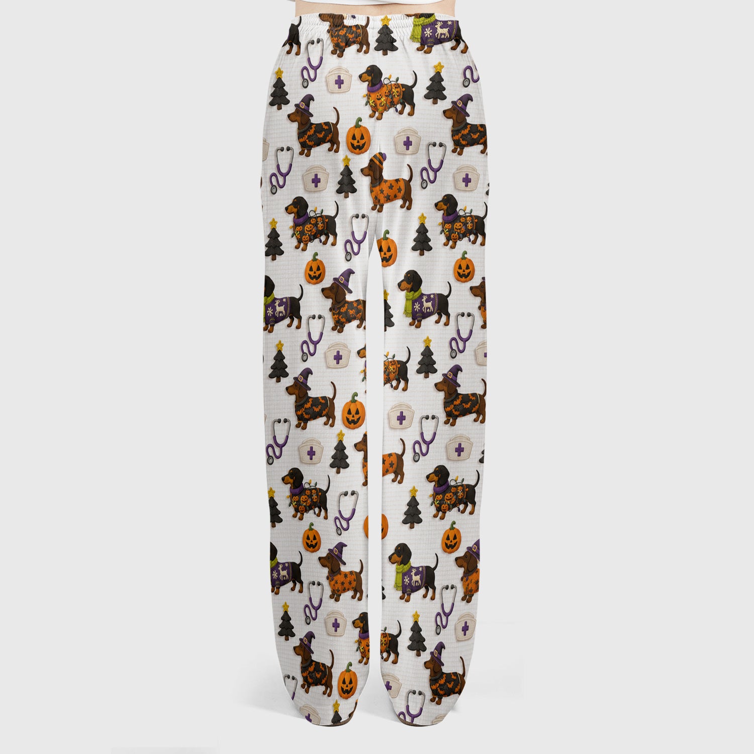 Halloween Dachshund with Pumpkin Stethoscope Print Scrub Set, Scrub Pants and V Neck Top