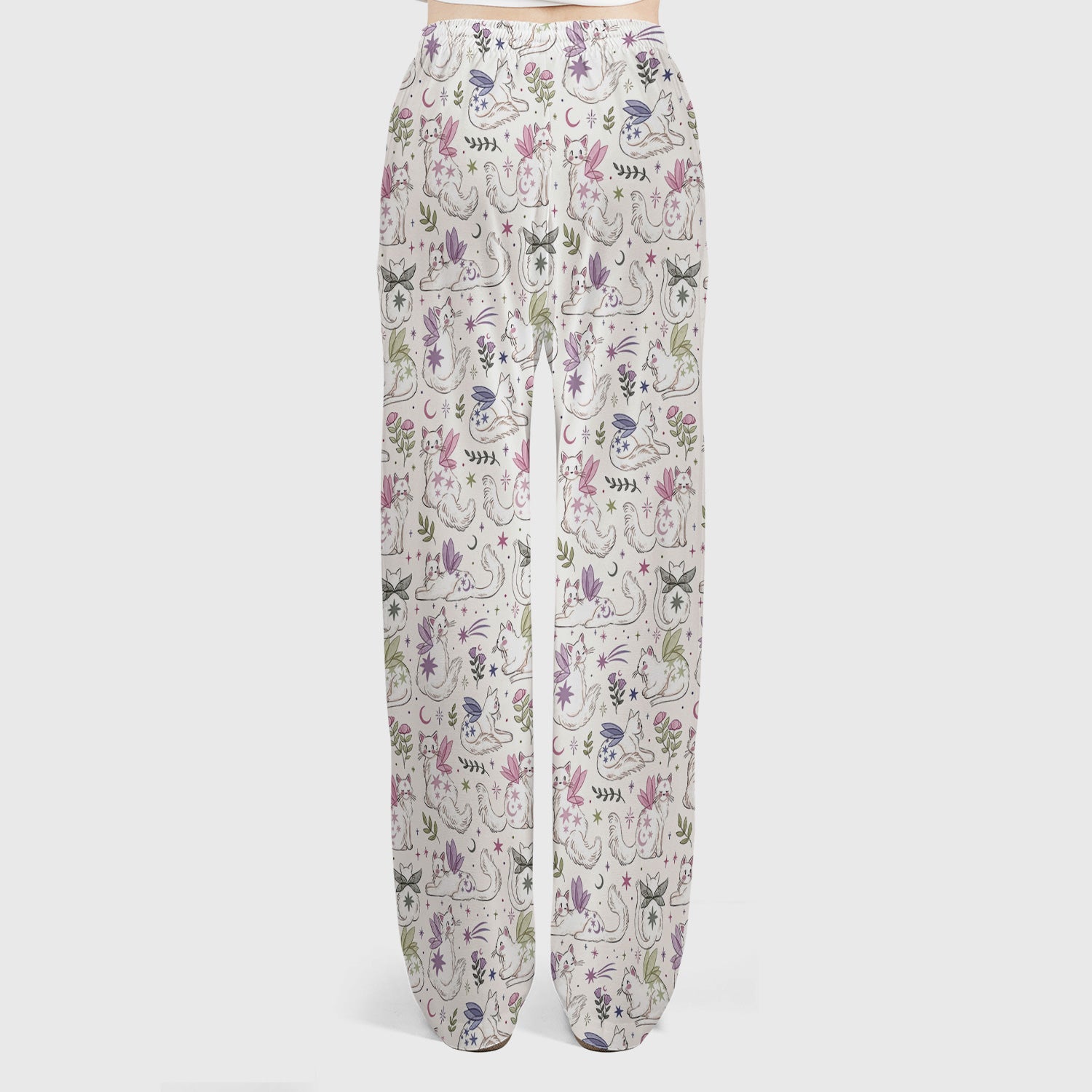 Cute Fairy Cat Moon Star Floral Pattern Scrub Set, Scrub Pants and V Neck Top
