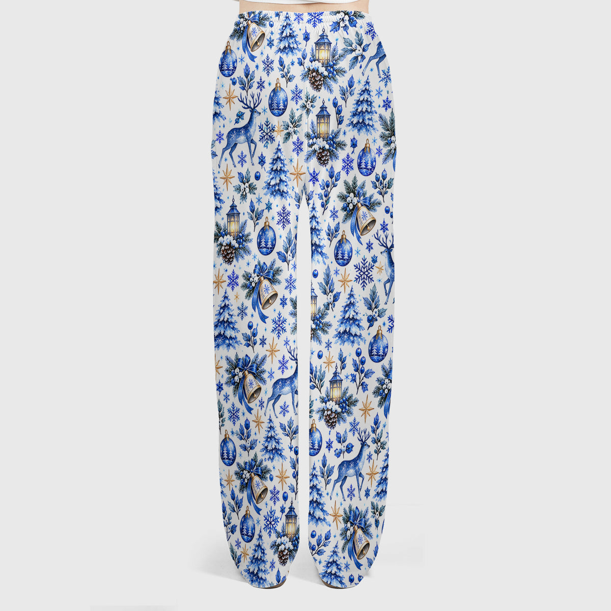 Blue Christmas Reindeer And Winter Trees Scrub Set, Scrub Pants and V Neck Top