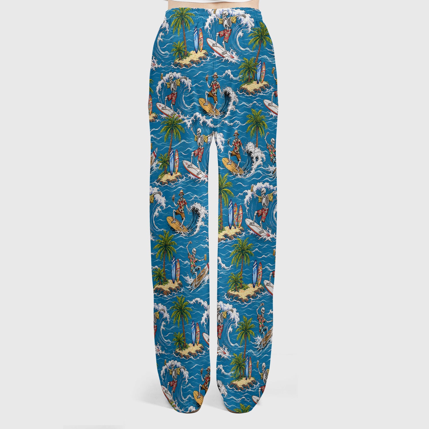 Spooky Tropical Skeleton Surfer Pattern Scrub Set, Scrub Pants and V Neck Top