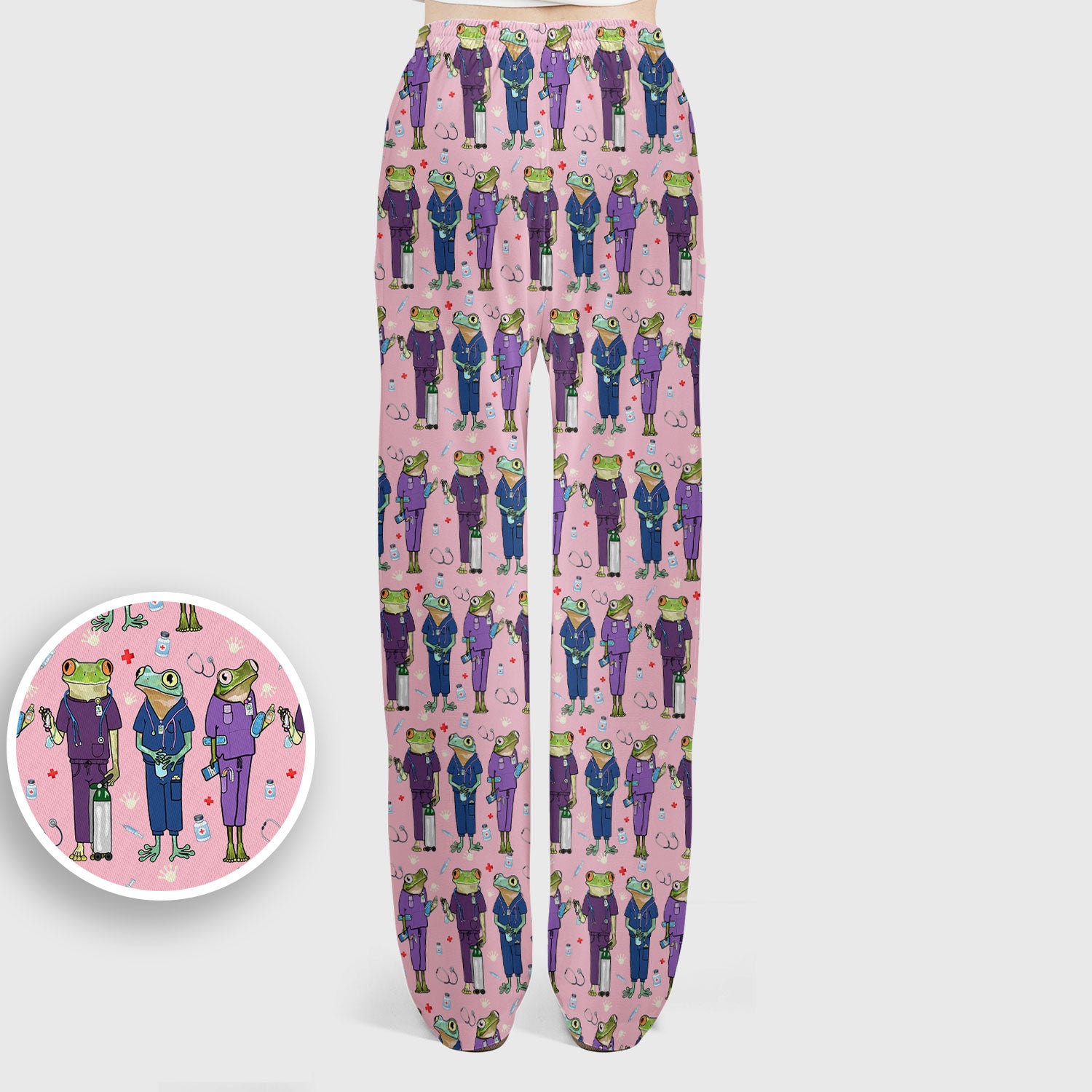Funny Frog Nurse Pattern Scrub Set, Scrub Pants and V Neck Top