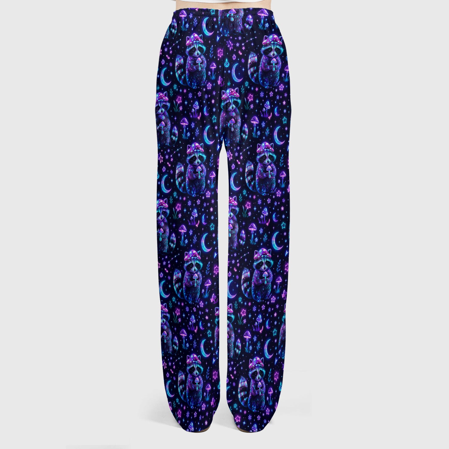 Neon Mushroom Raccoon Moonlight Pattern Scrub Set, Scrub Pants and V Neck Top