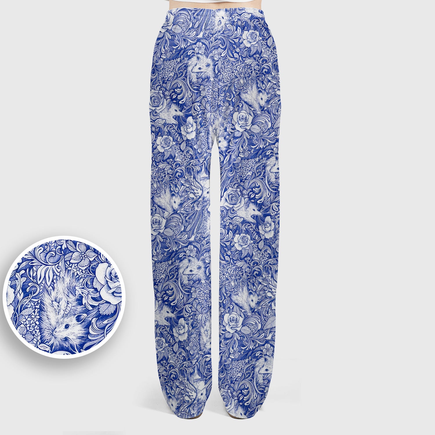 Blue Toile Opossum Floral Pattern Scrub Set, Scrub Pants and V Neck Top