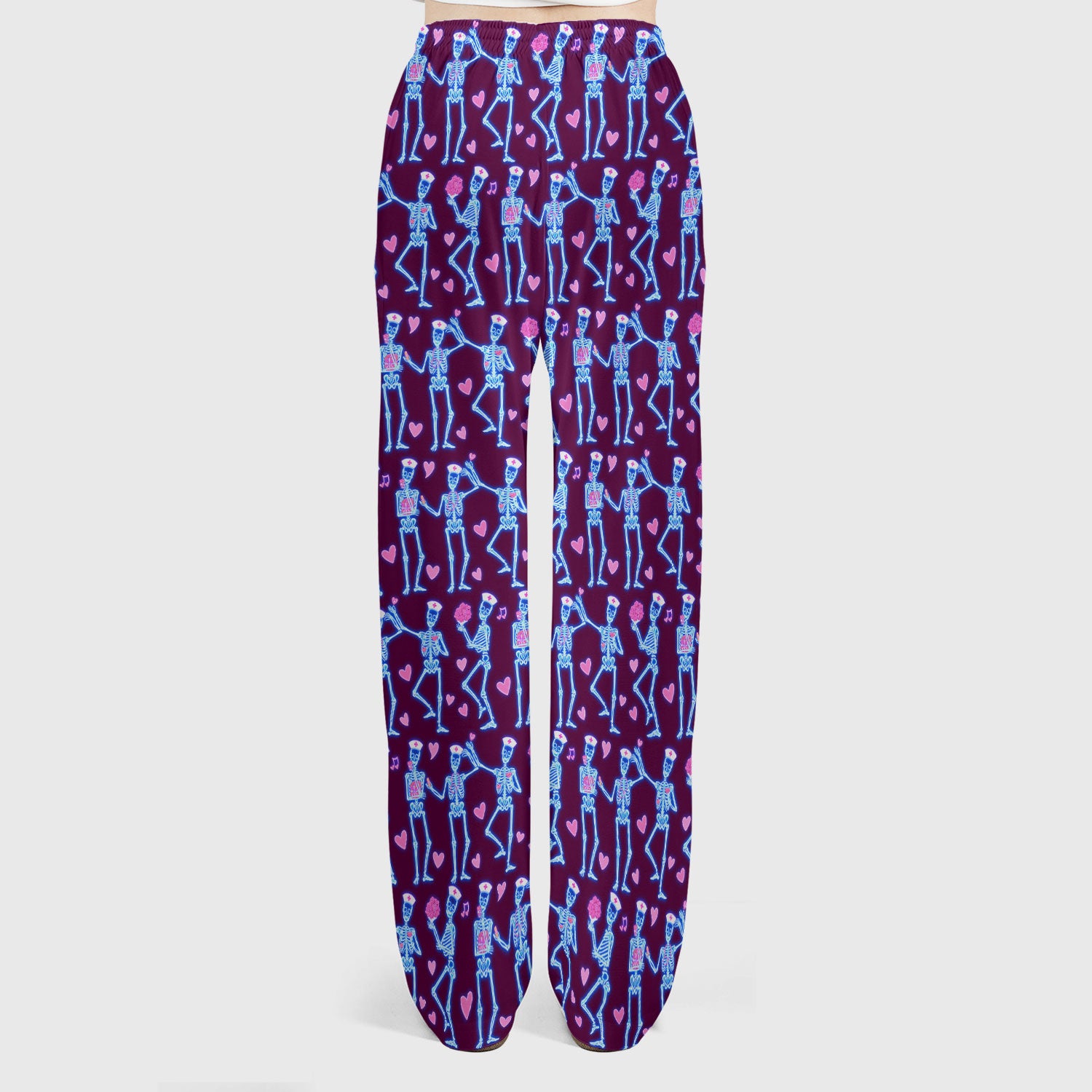 Skeleton Nurse Heart Pattern Scrub Sets, Playful Nurse Style, Scrub Pants and V Neck Top
