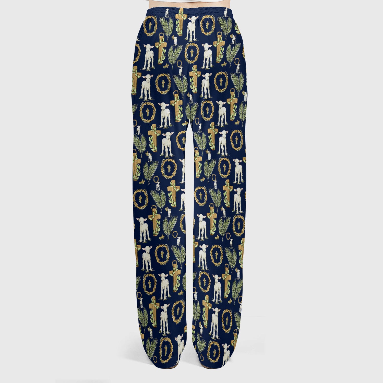 Faith Lamb Cross Pattern Women's Scrub Set, Scrub Pants and V Neck Top