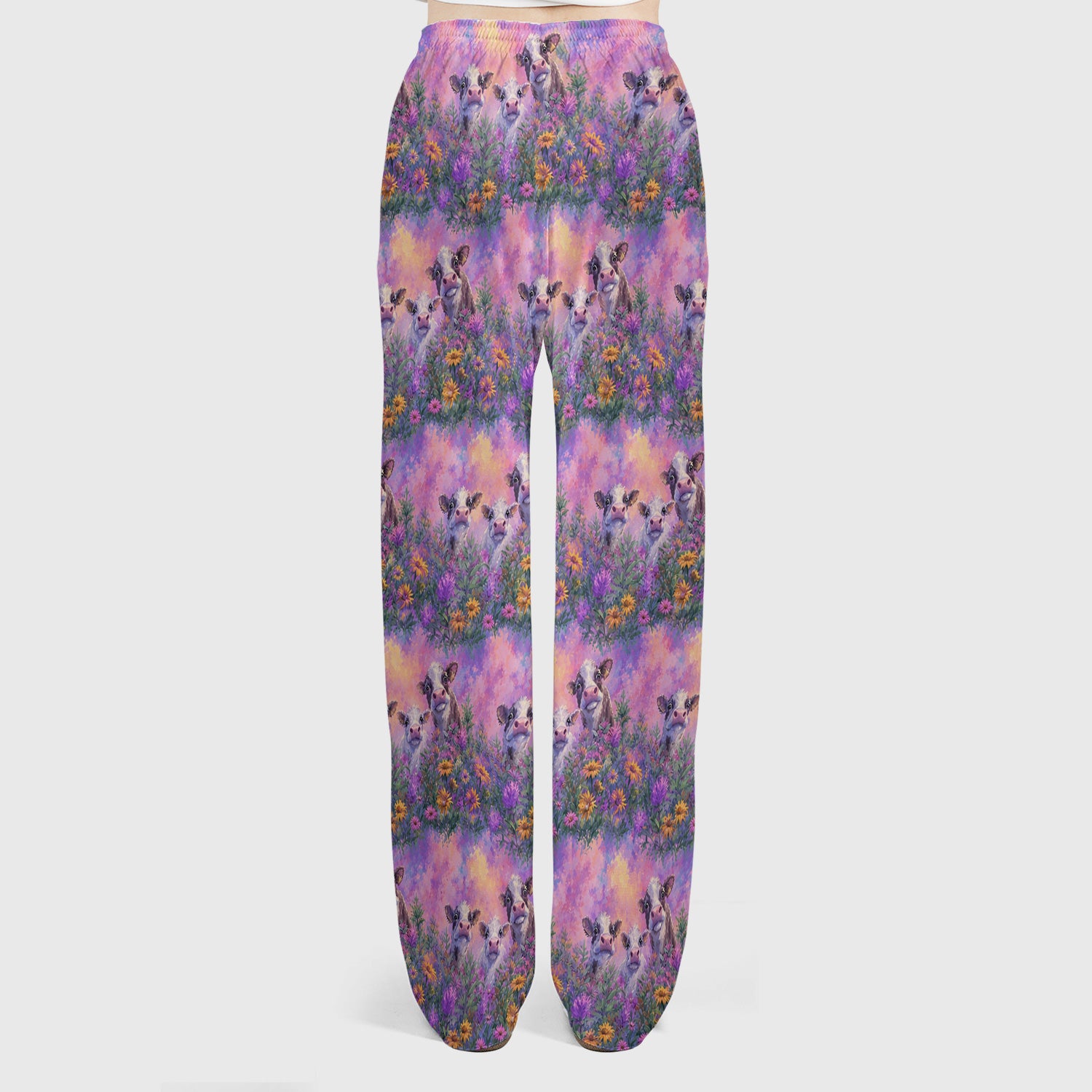 Pastel Cow Meadow Flower Pattern Scrub Set, Scrub Pants and V Neck Top