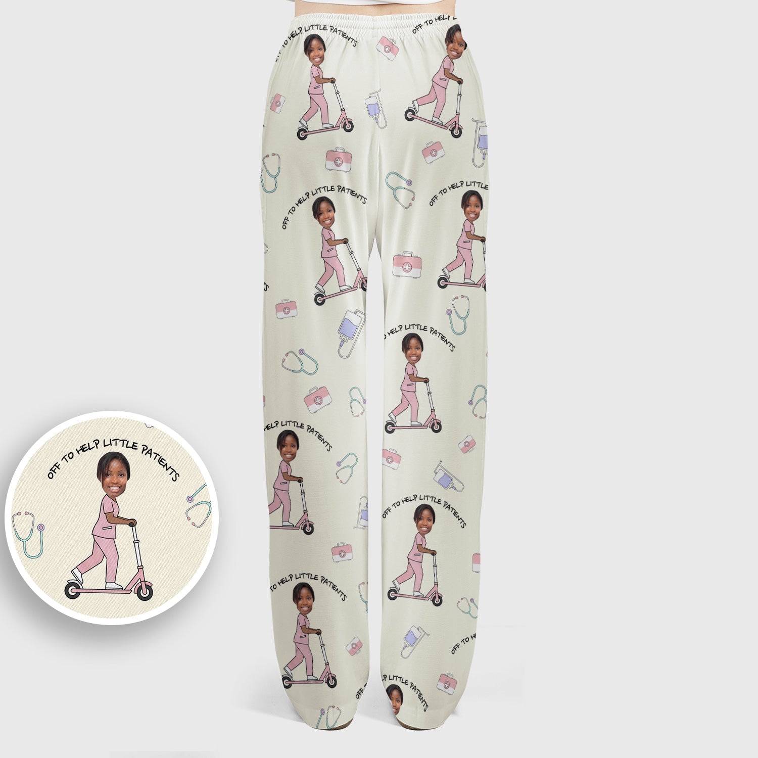 Custom Face Pediatric Nurse Scooter Pattern Scrub Set, Scrub Pants and V Neck Top