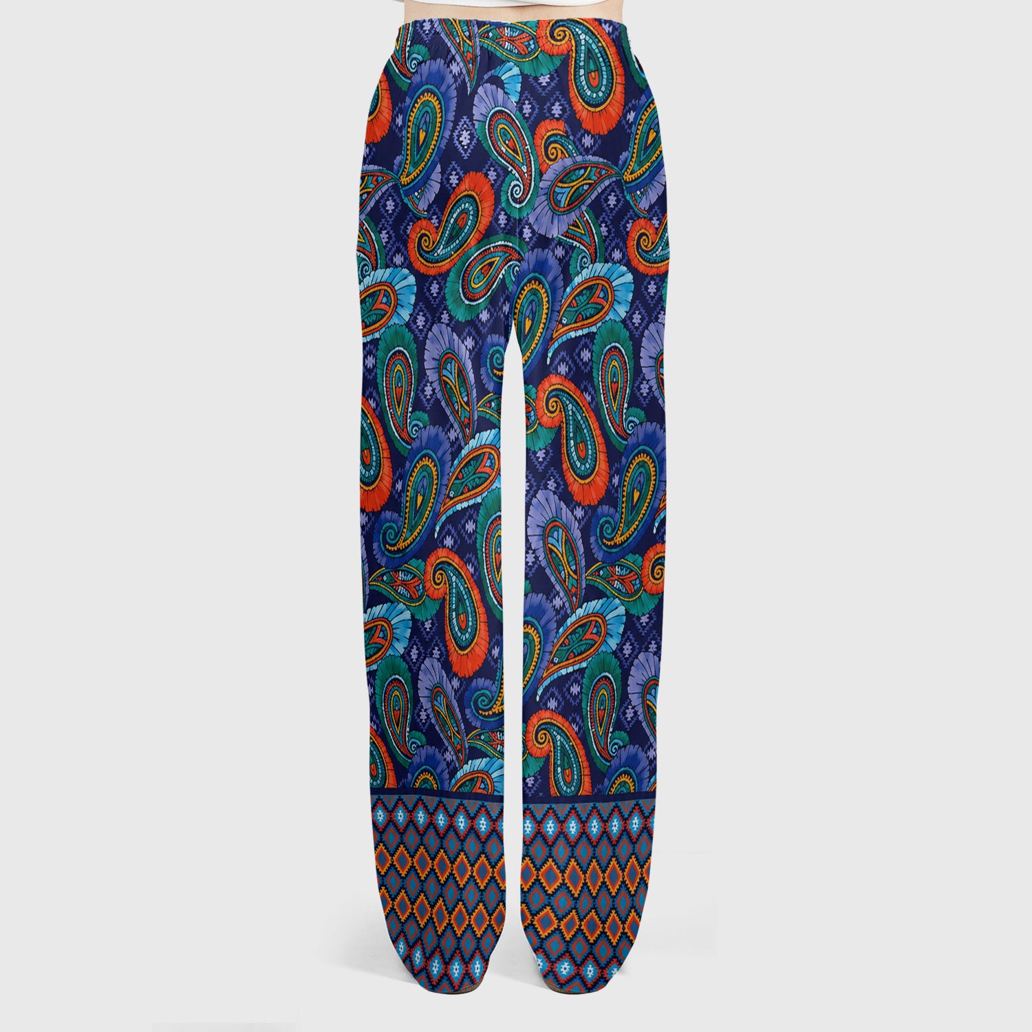 Colorful Paisley Geometric Border Pattern Scrub Set, Scrub Pants and V Neck Top