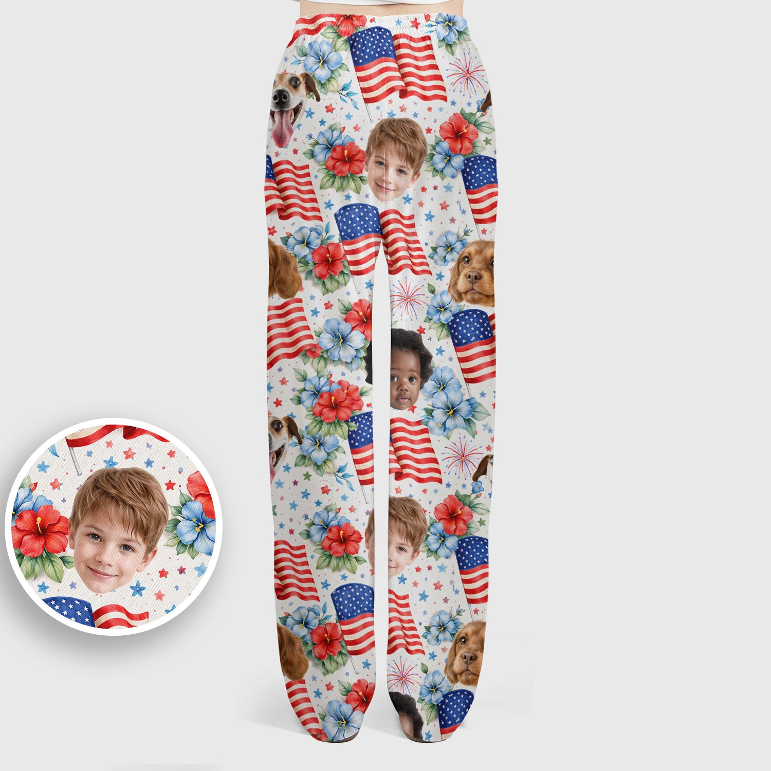 Custom Photo Patriotic Kids & Pet Faces Flag Nurse Scrub Set, Scrub Pants and V Neck Top