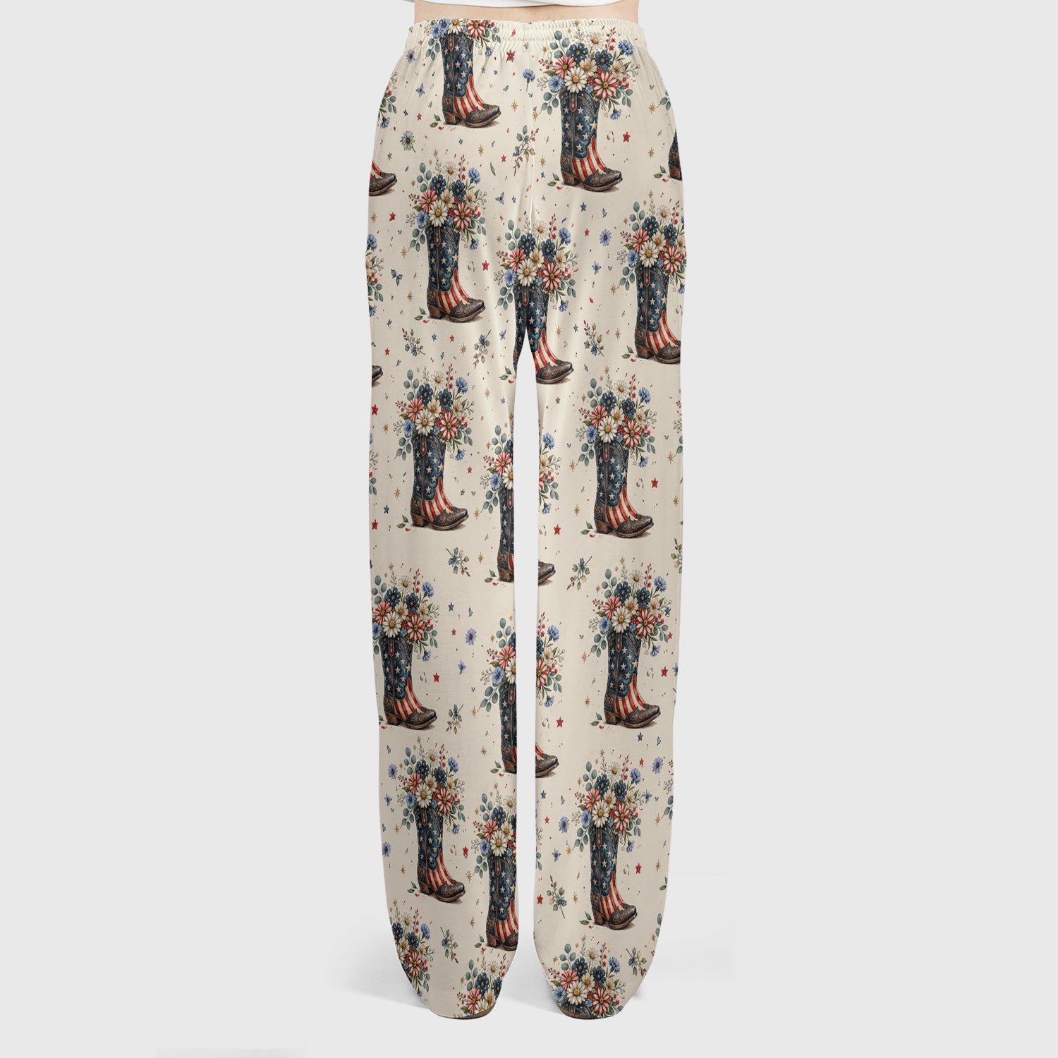 Festive Patriotic Cowboy Boots Flower Pattern Scrub Set, Scrub Pants and V Neck Top