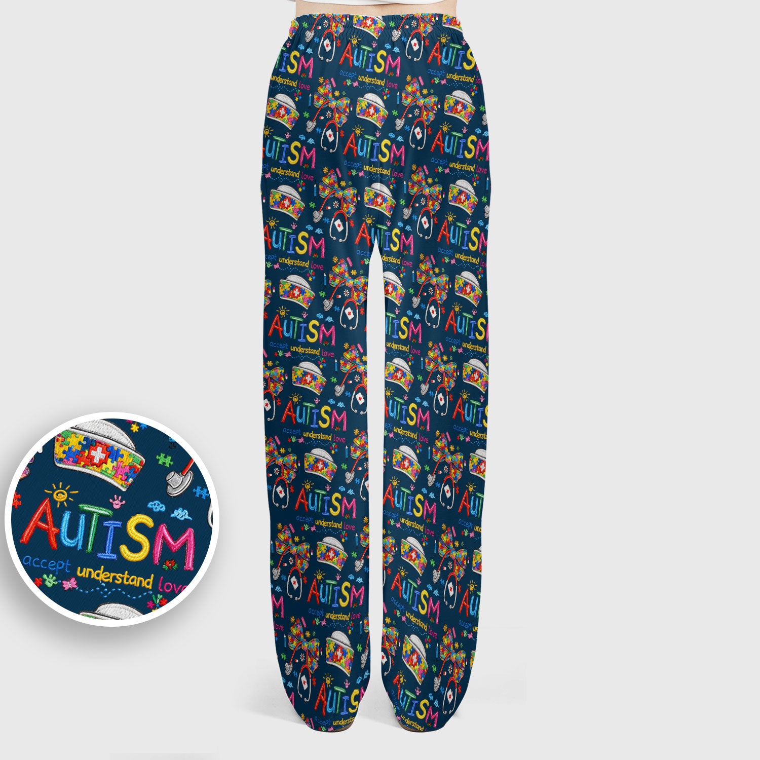 Autism Awareness Pattern Nurse Scrub Set, Accept Understand Love Puzzle Nurses Shirt, Breathable Fabrics Nursing Uniform