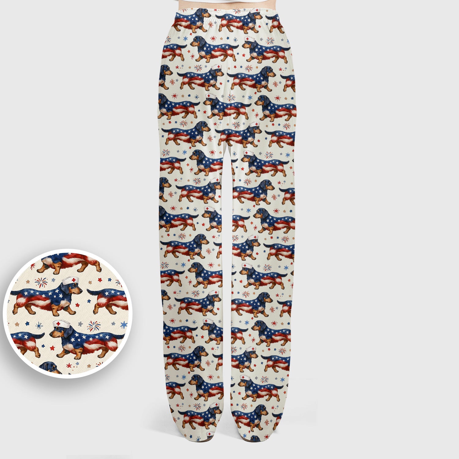 Patriotic Dachshund Dog American Flag Pattern Nurse Scrub Set, Scrub Pants and V Neck Top