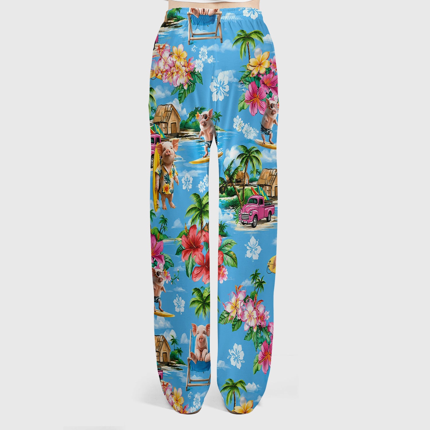 Tropical Surfing Pig Beach Pattern Scrub Set, Scrub Pants and V Neck Top