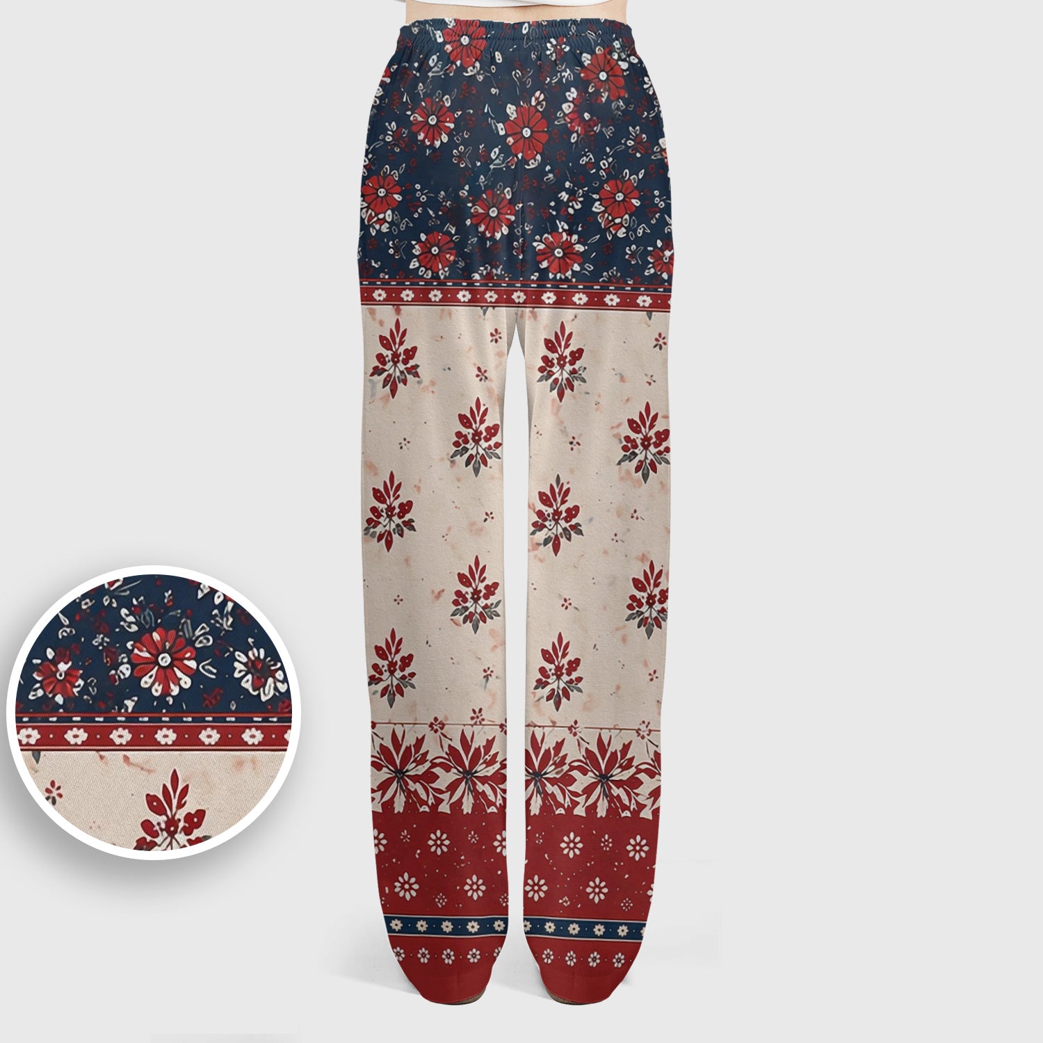 Vintage Floral Border Red Blue Pattern Scrub Set, Scrub Pants and V Neck Top