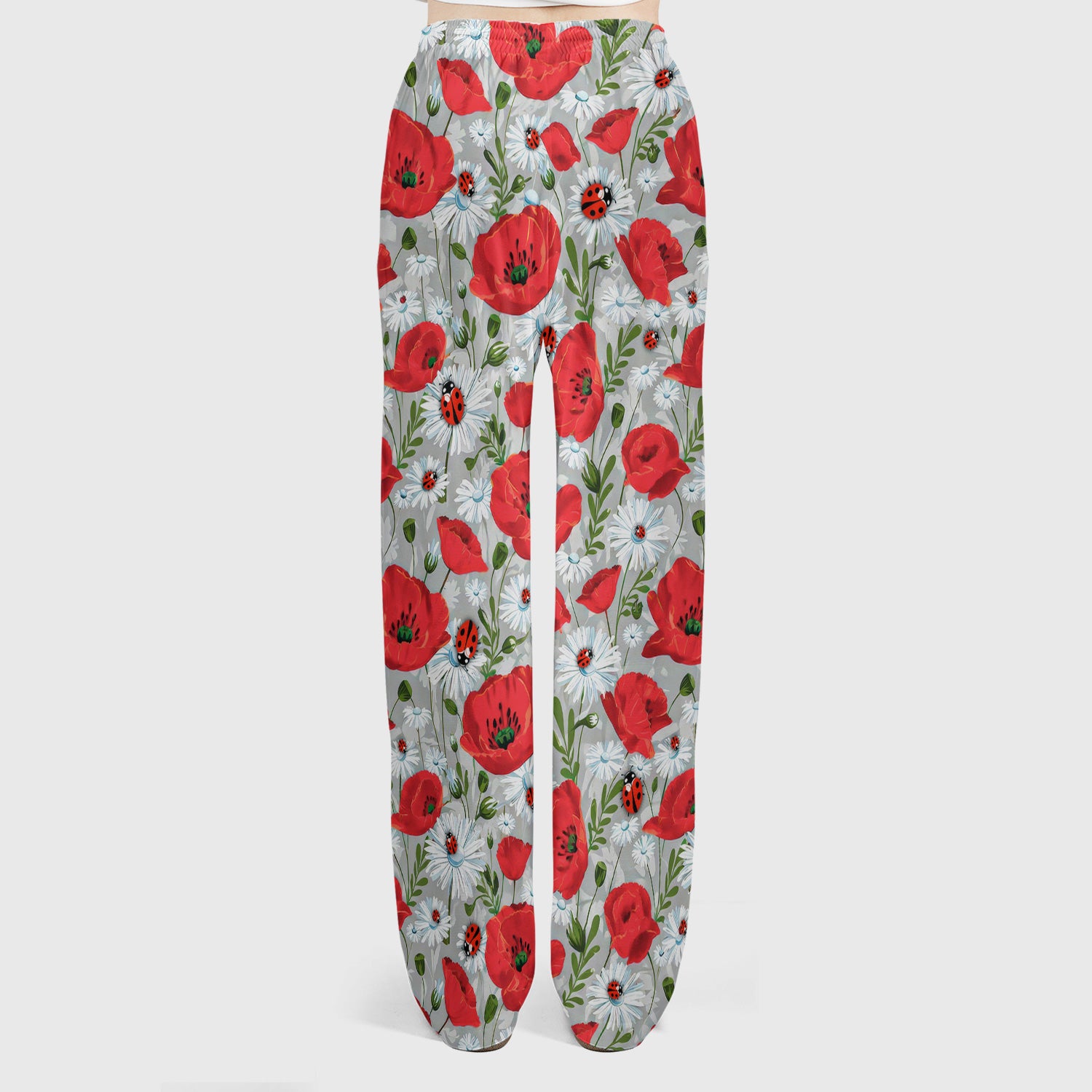 Cute Red Poppy Daisy Ladybug Floral Print Scrub Set, Scrub Pants and V Neck Top