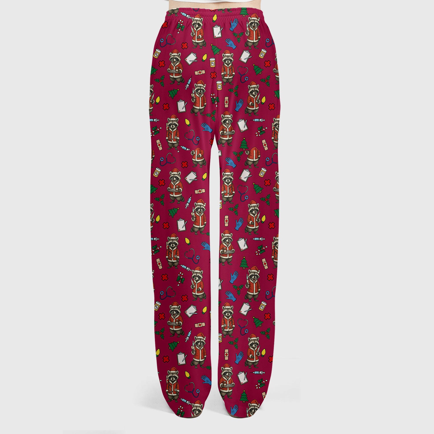 Christmas Raccoon Pattern Nurse Scrub Set - Funny Santa Medical Print Top and Pants - Holiday Gift for RN LPN CNA Women