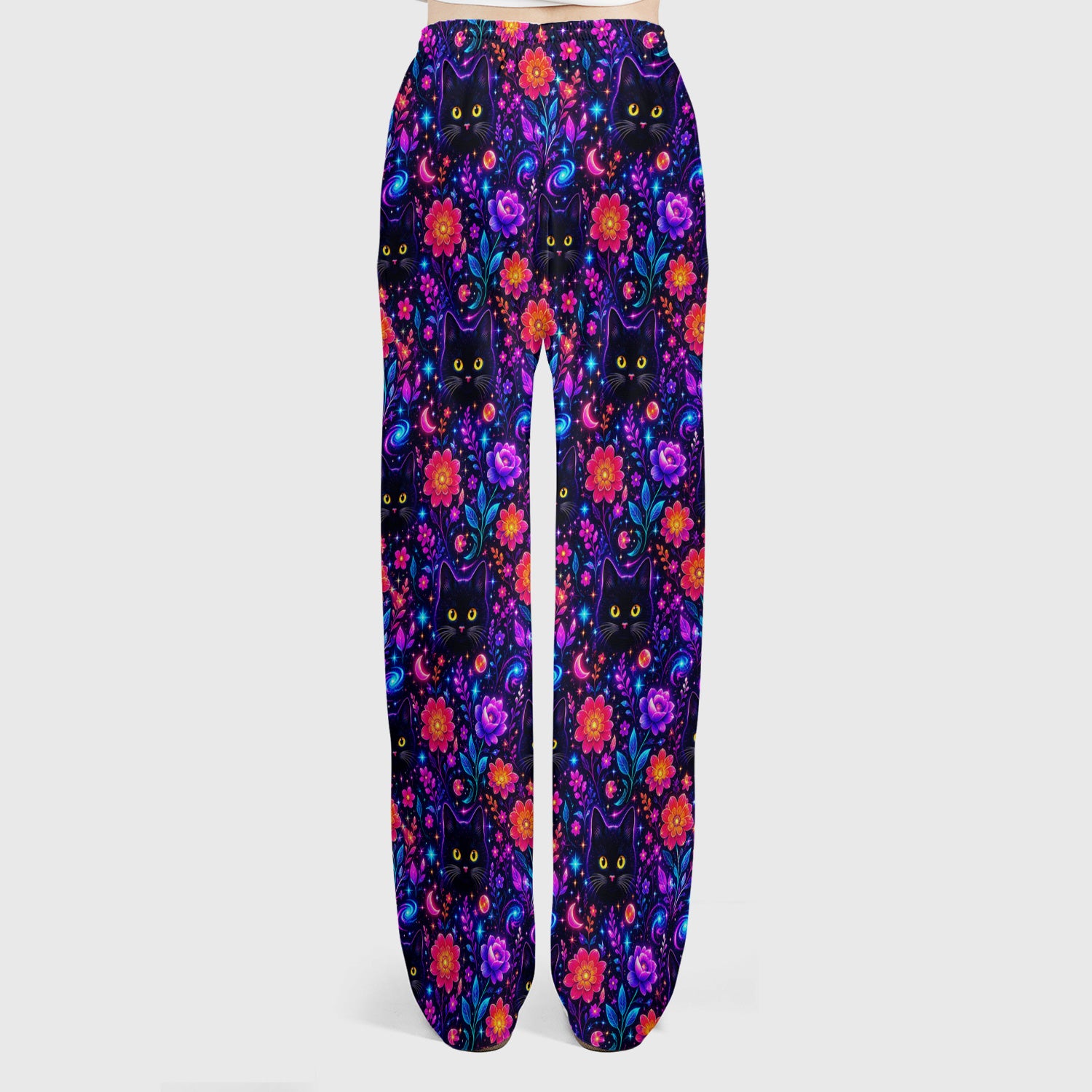 Galaxy Black Cat Floral Pattern Scrub Set, Scrub Pants and V Neck Top