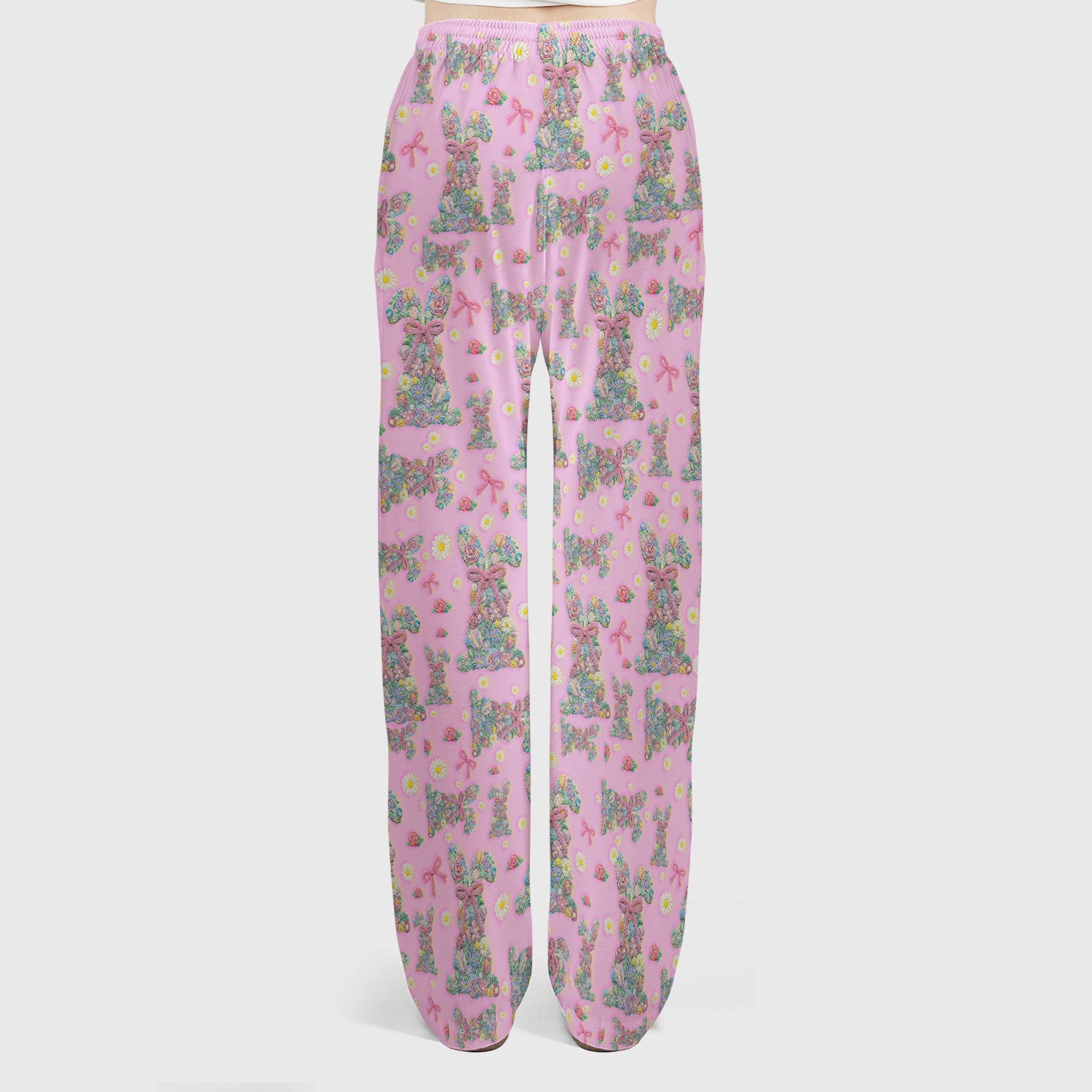 Colorful Floral Bunny with Pink Bow Pattern Scrub Set, Breathable Med Uniform