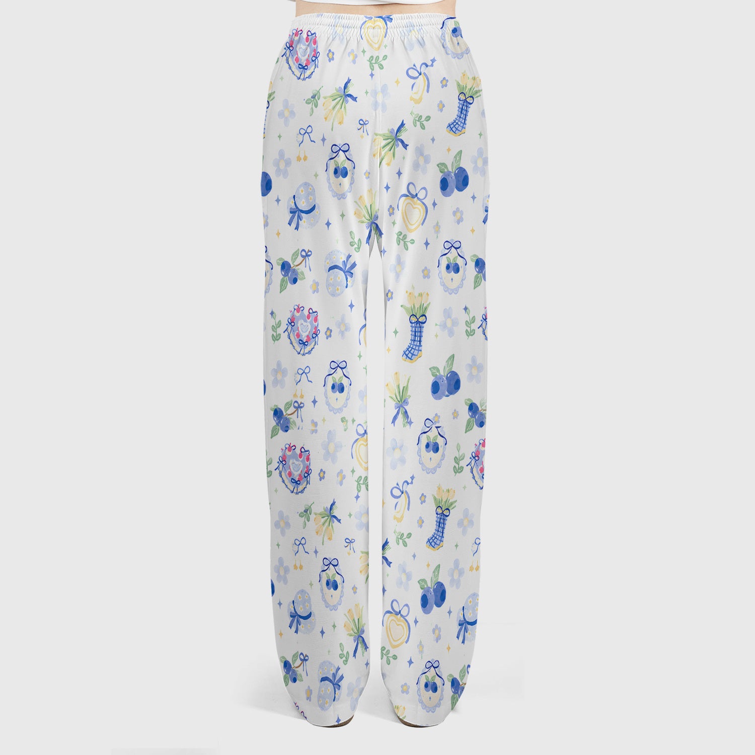 Cute Blueberry Bow Print Scrub Set, Scrub Pants and V Neck Top