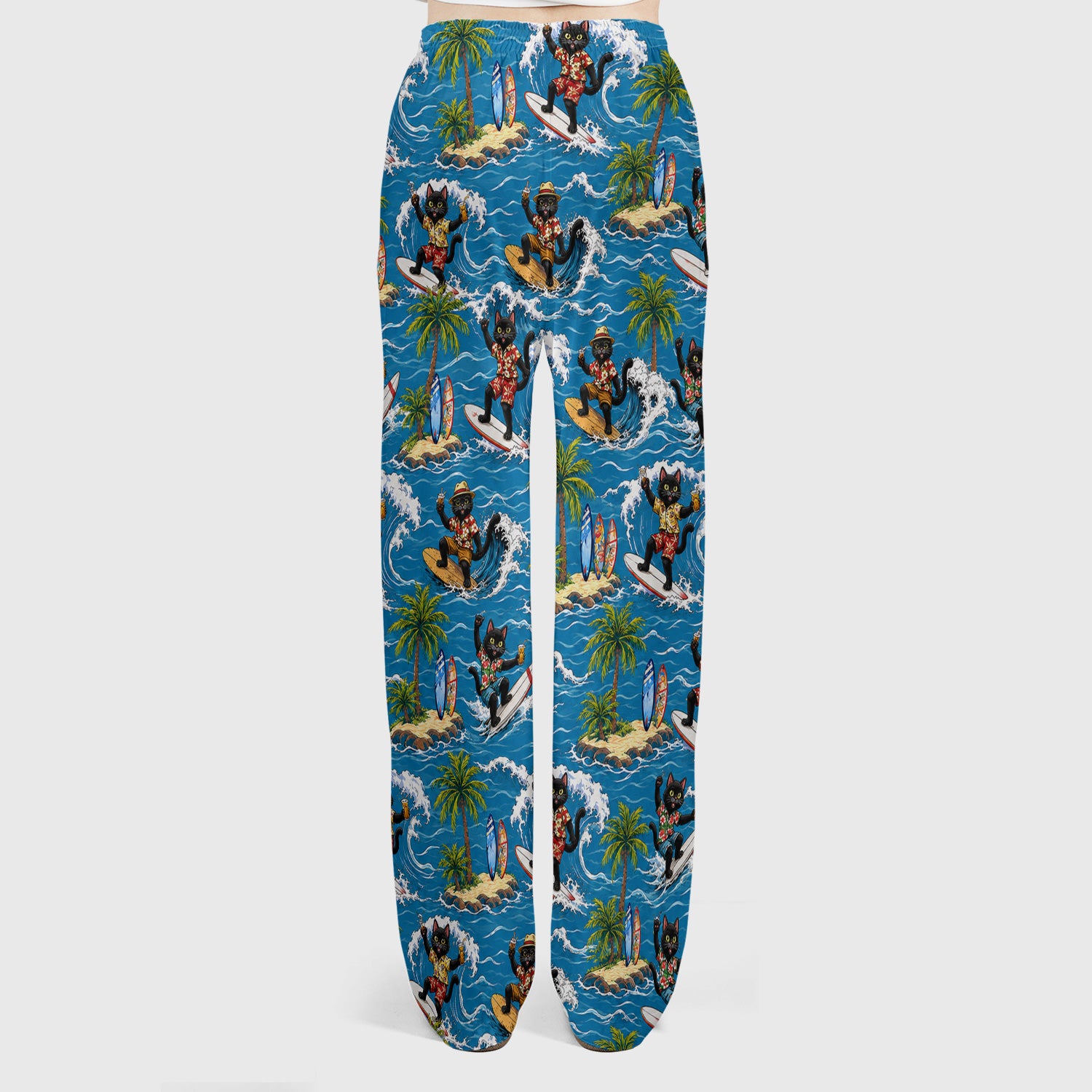 Tropical Black Cat Surfer Island Pattern Scrub Set, Scrub Pants and V Neck Top