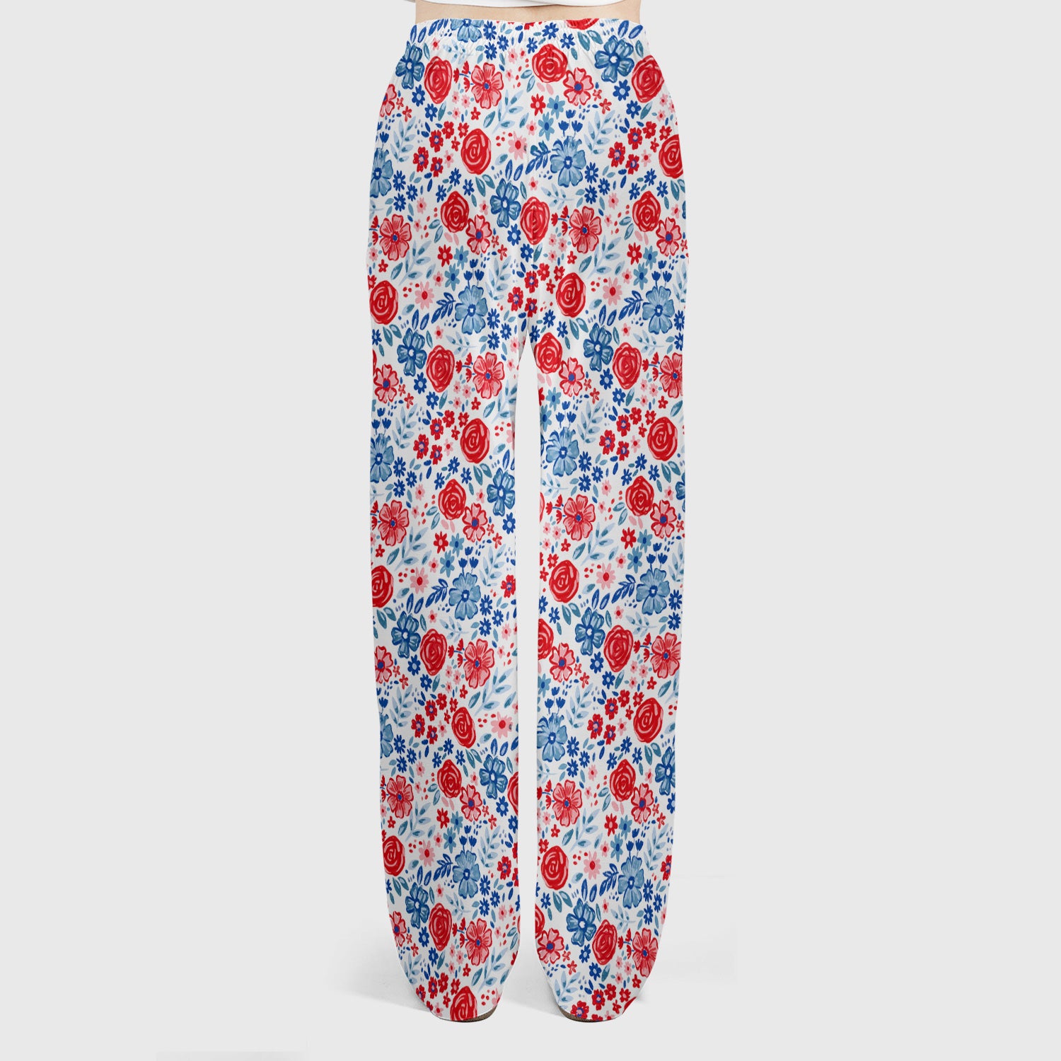 Red Blue Floral Garden Blossom Pattern Scrub Set, Scrub Pants and V Neck Top