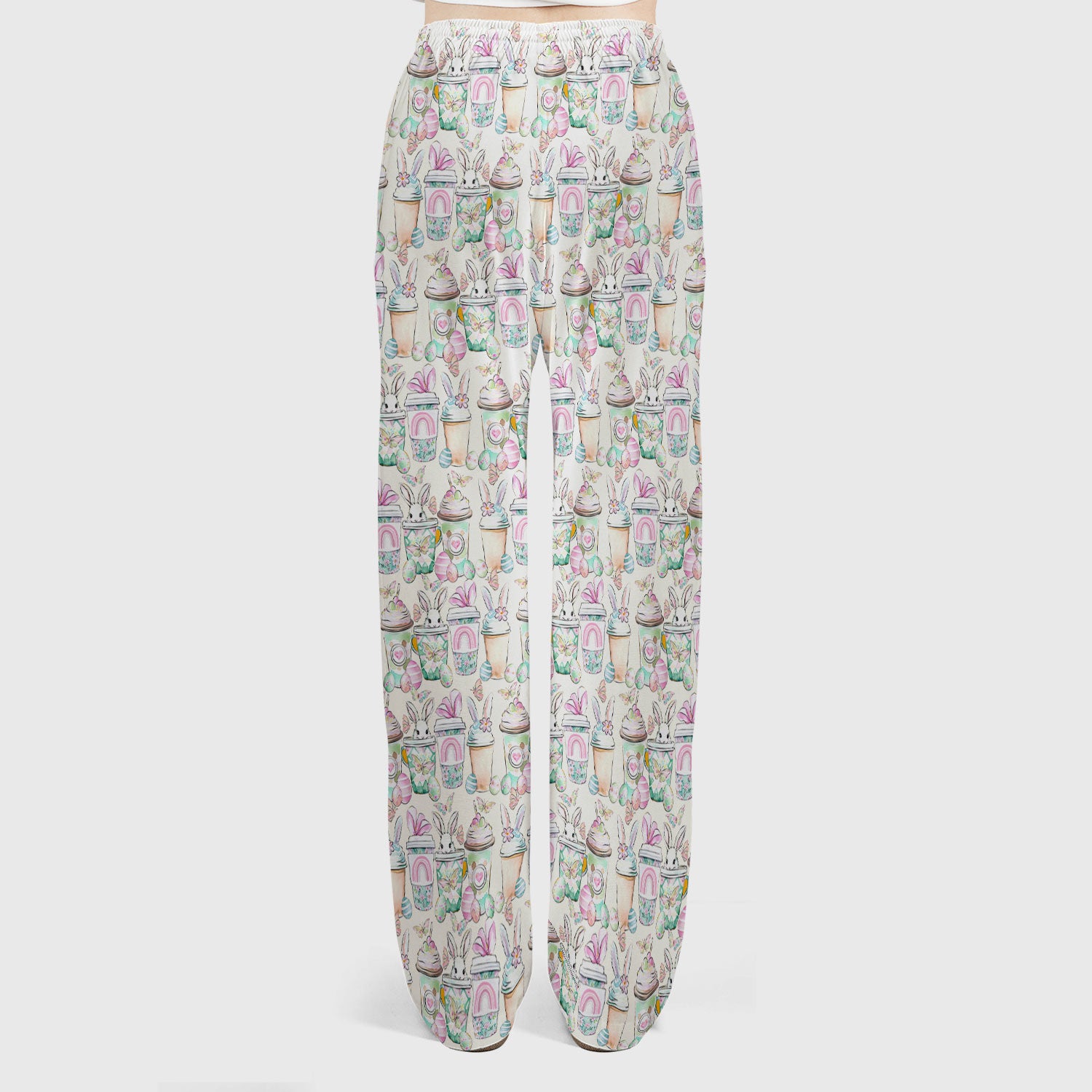 Cute Easter Bunny Coffee Cup Pattern Scrub Sets, Scrub Pants and V Neck Top