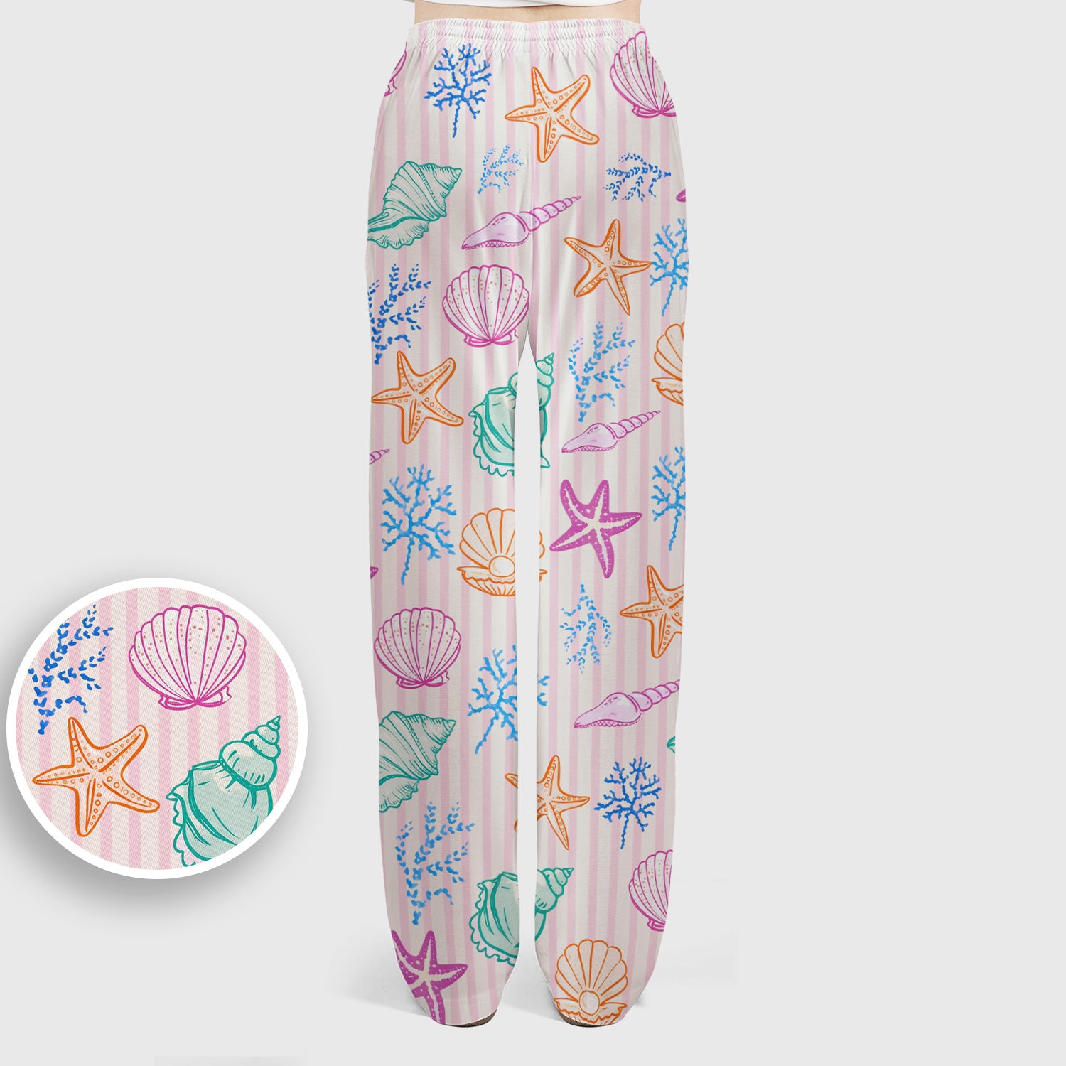 Colorful Seashell Starfish Ocean Stripe Pattern Scrub Set, Women's Scrub Sets