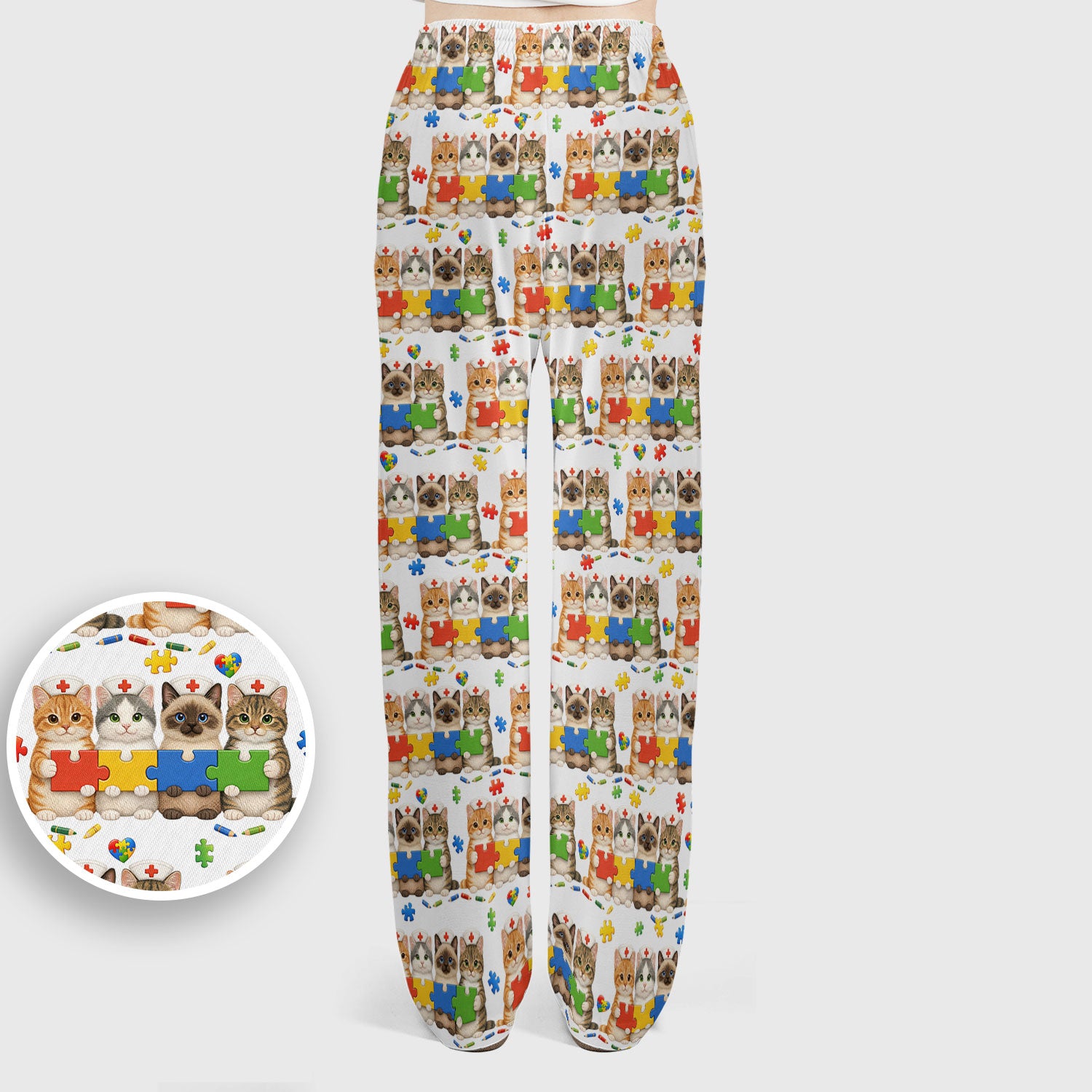 Autism Awareness Nurse Scrub Set, Cat Autism Pattern Nurses Shirt, Comfortable Uniform Scrubs For Nursing