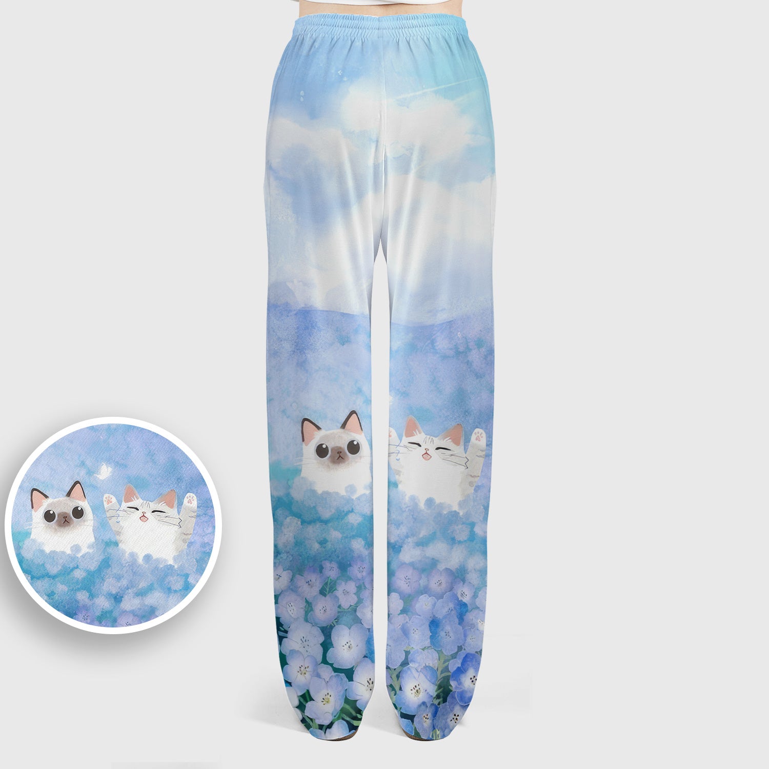 Dreamy Cat Cloud Hydrangea Sky Pattern Scrub Set, Scrub Pants and V Neck Top