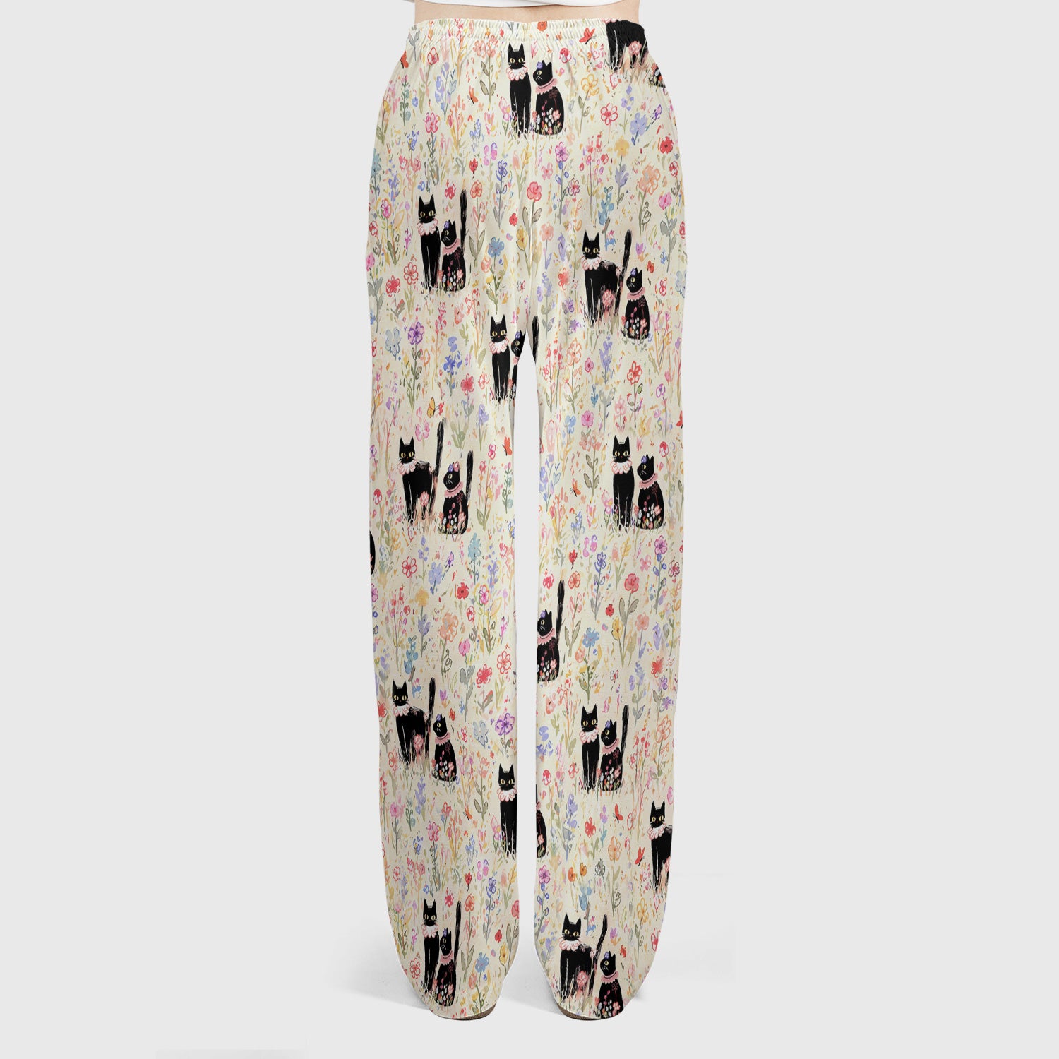 Cute Black Cats Wildflower Garden Pattern Scrub Set, Scrub Pants and V Neck Top